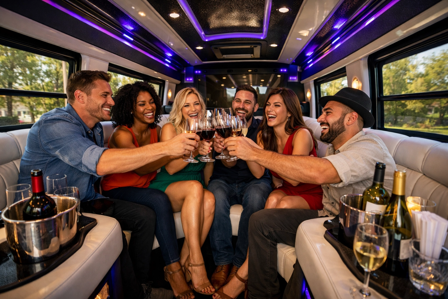 Friends celebrating with wine inside luxury party bus during Pittsburgh winery tour