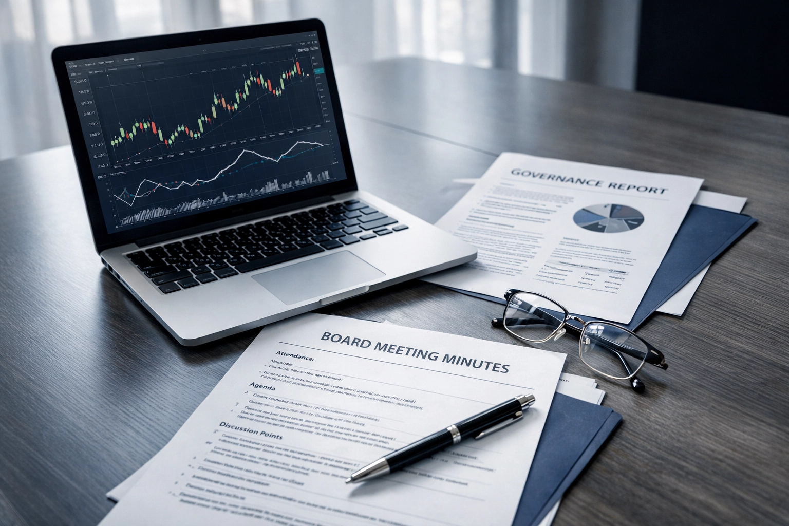 Laptop displaying financial charts with board minutes and governance documents for nonprofit oversight