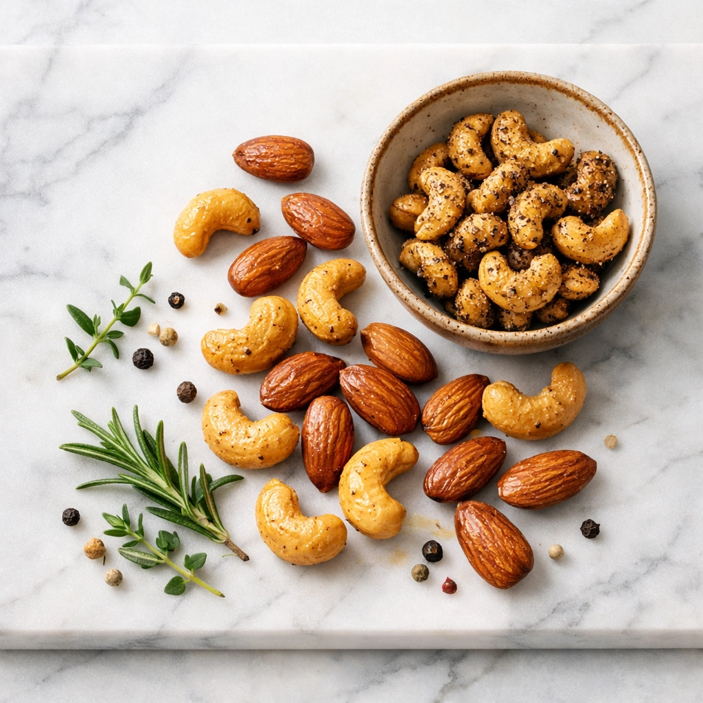 Large roasted cashews and nuts on marble, available to buy authentic Kerala spices online India.