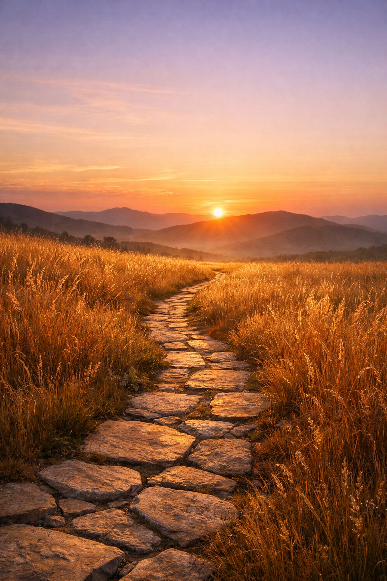 A stone path leading through golden fields at sunrise, symbolizing the journey of personal transformation.