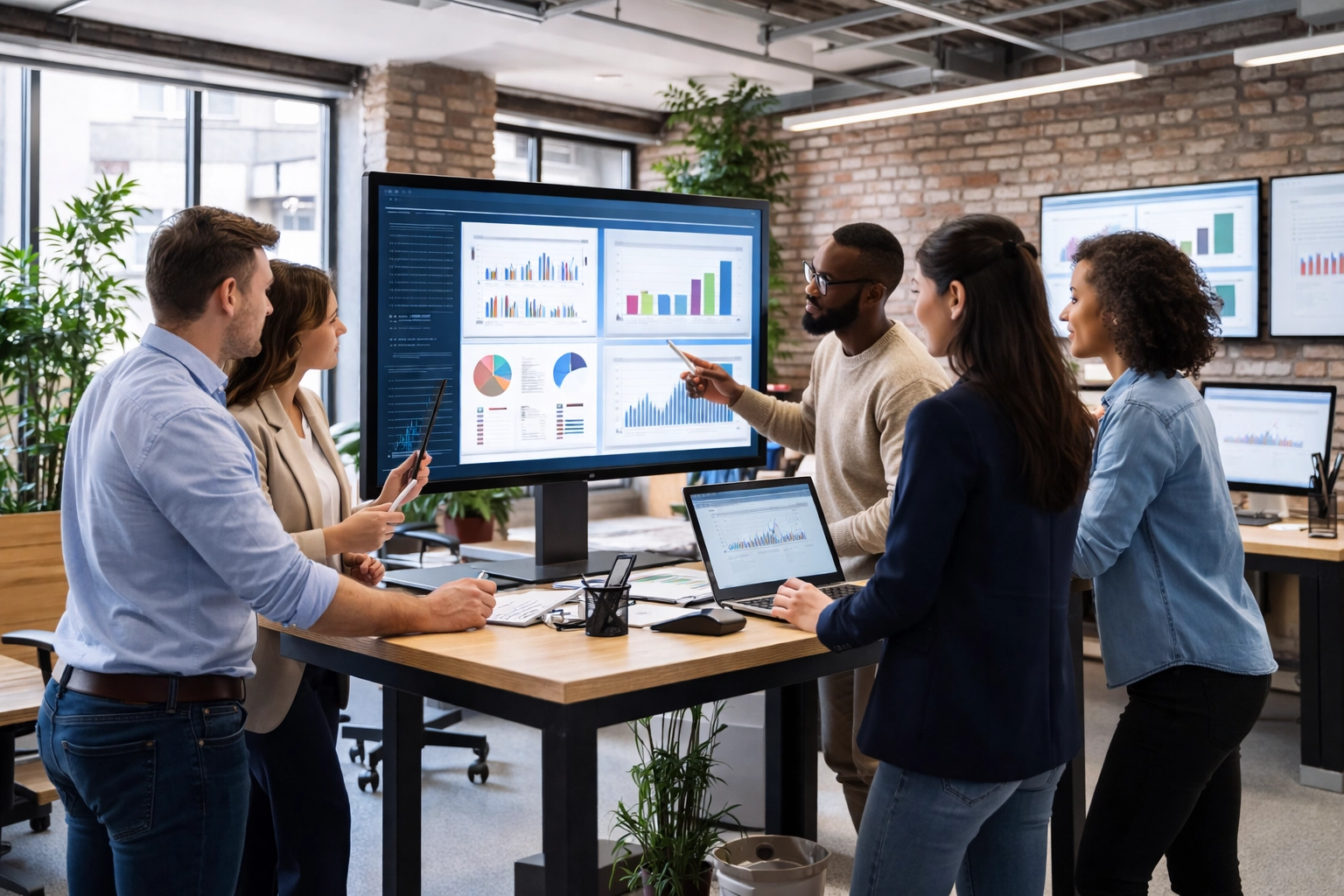 Team collaborating in an open office analyzing analytics dashboards, representing partnership performance tracking