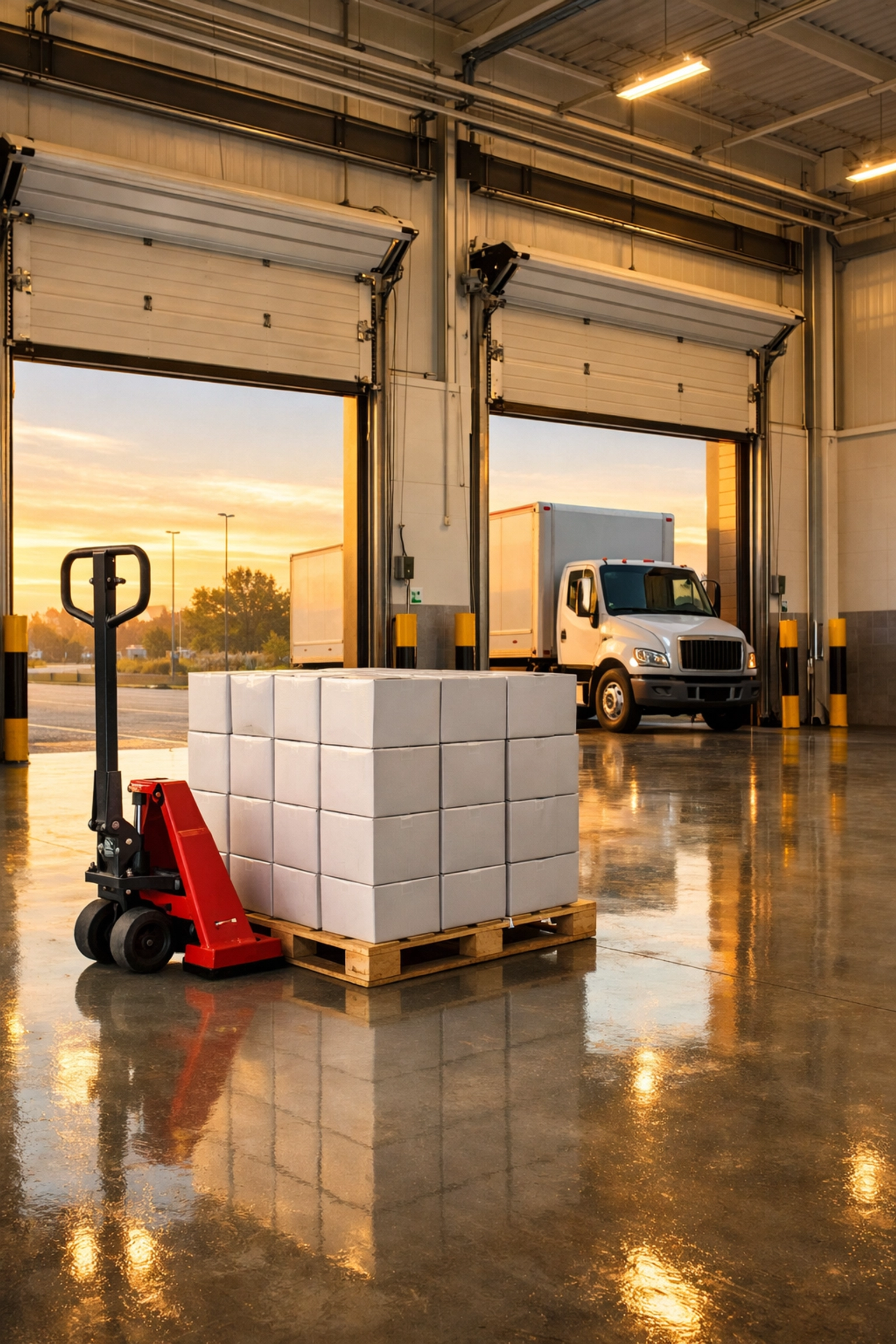 An organised warehouse loading bay with a red pallet jack ready for efficient cross-docking and distribution.