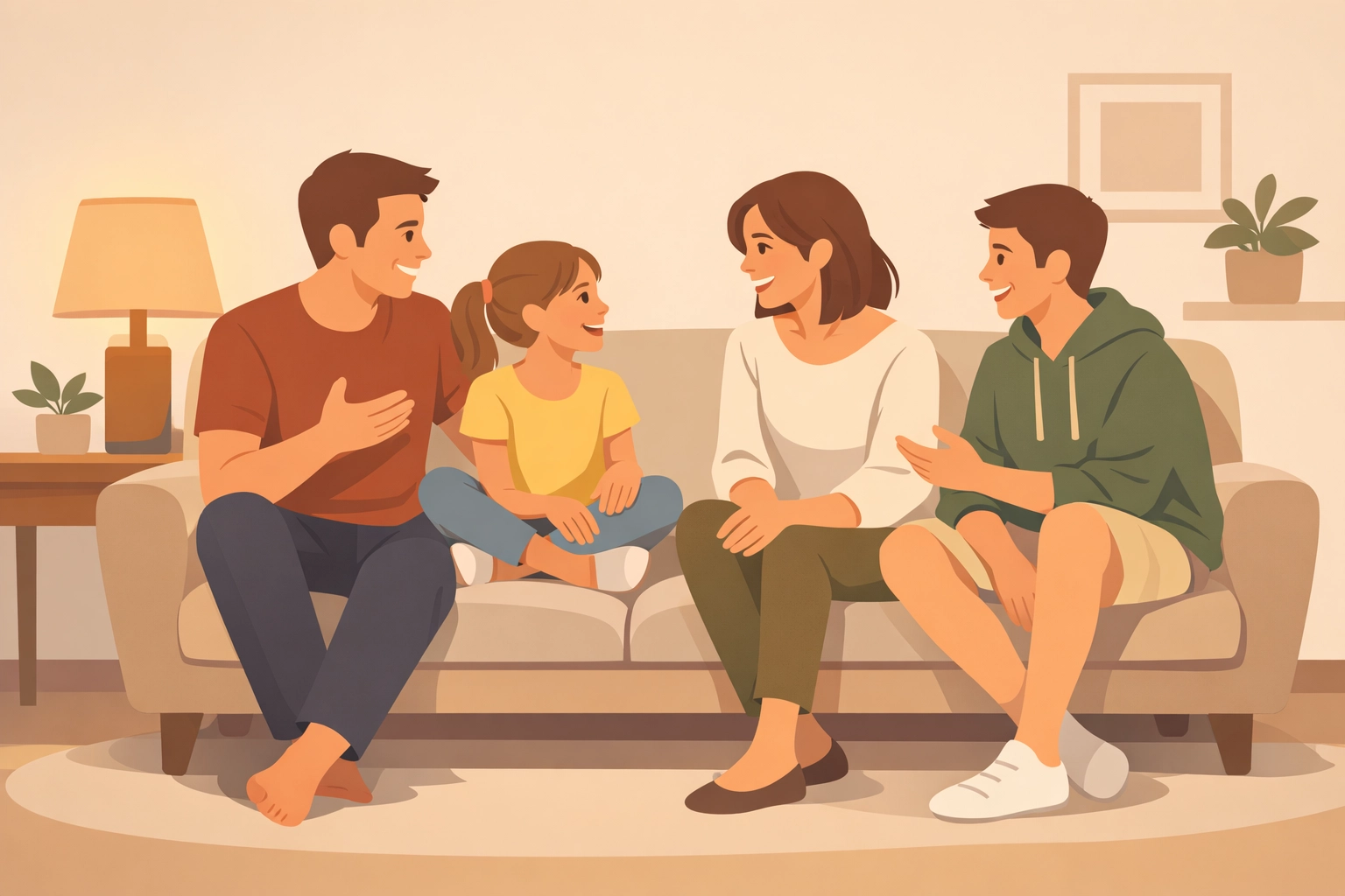 Christian family having meaningful conversation about faith and media on living room couch