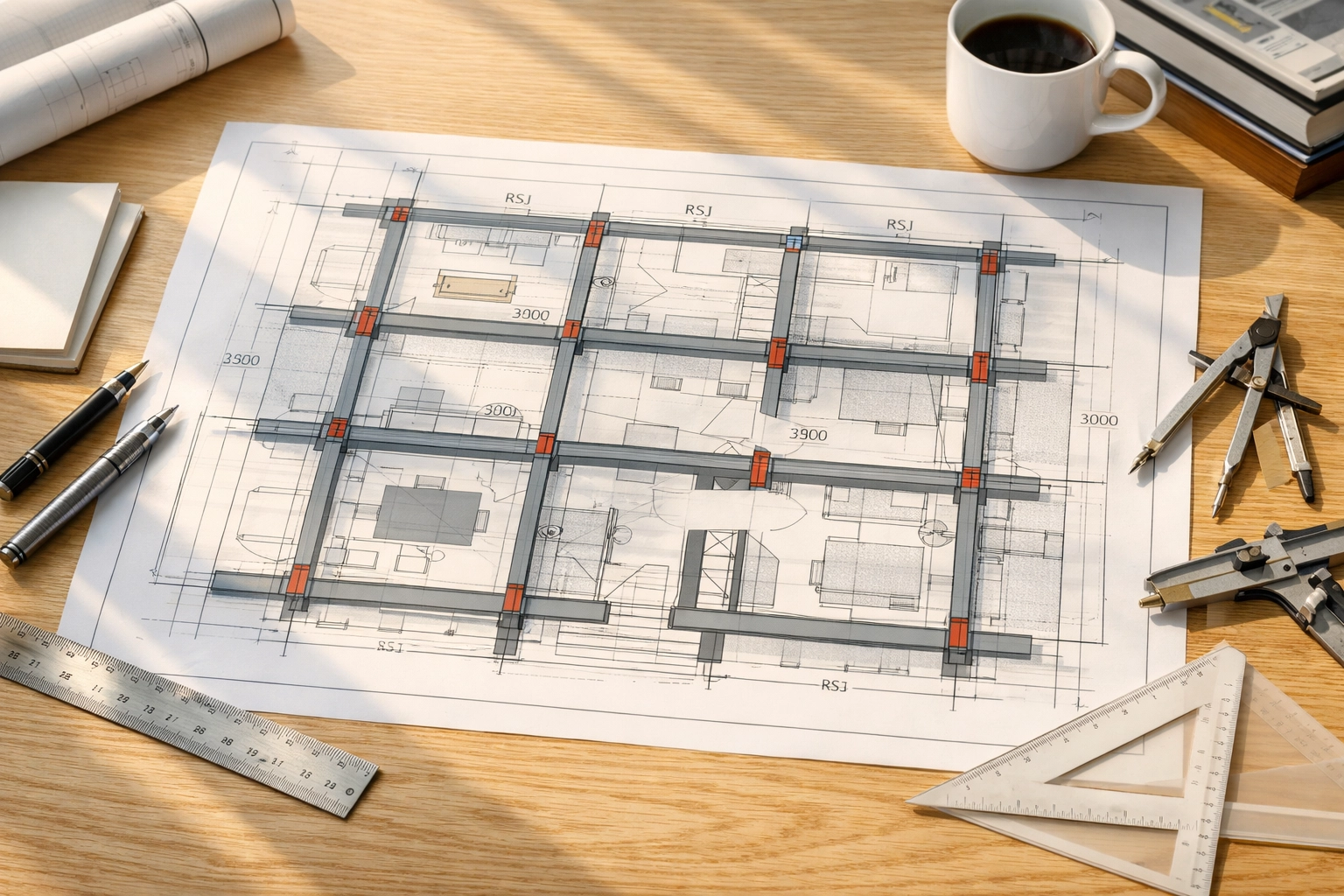 Architectural drawings and structural engineering plans showing RSJ placements for a Surrey renovation.