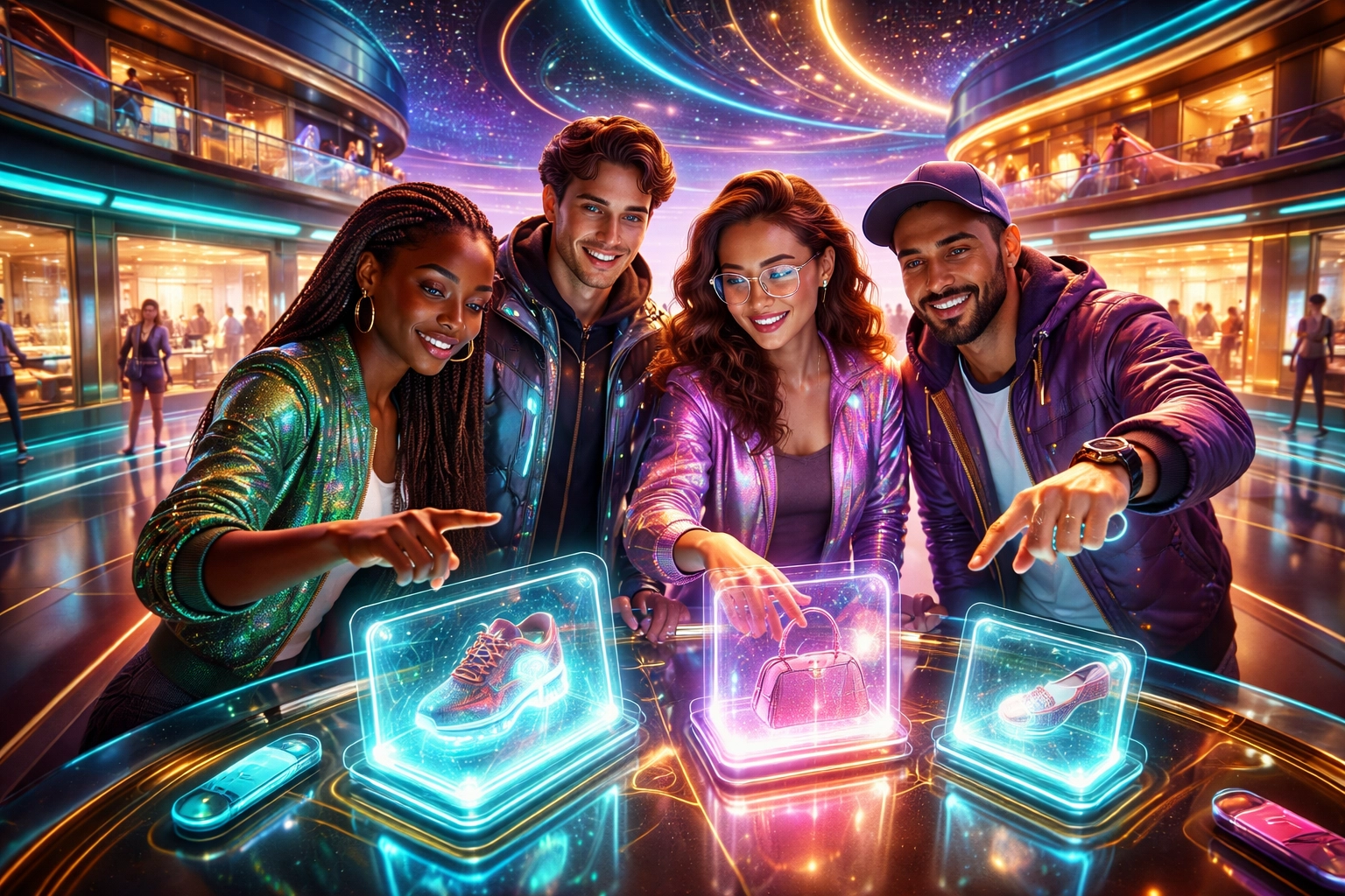 Avatars social shopping in a virtual mall, highlighting interactive metaverse shopping and crypto payments.