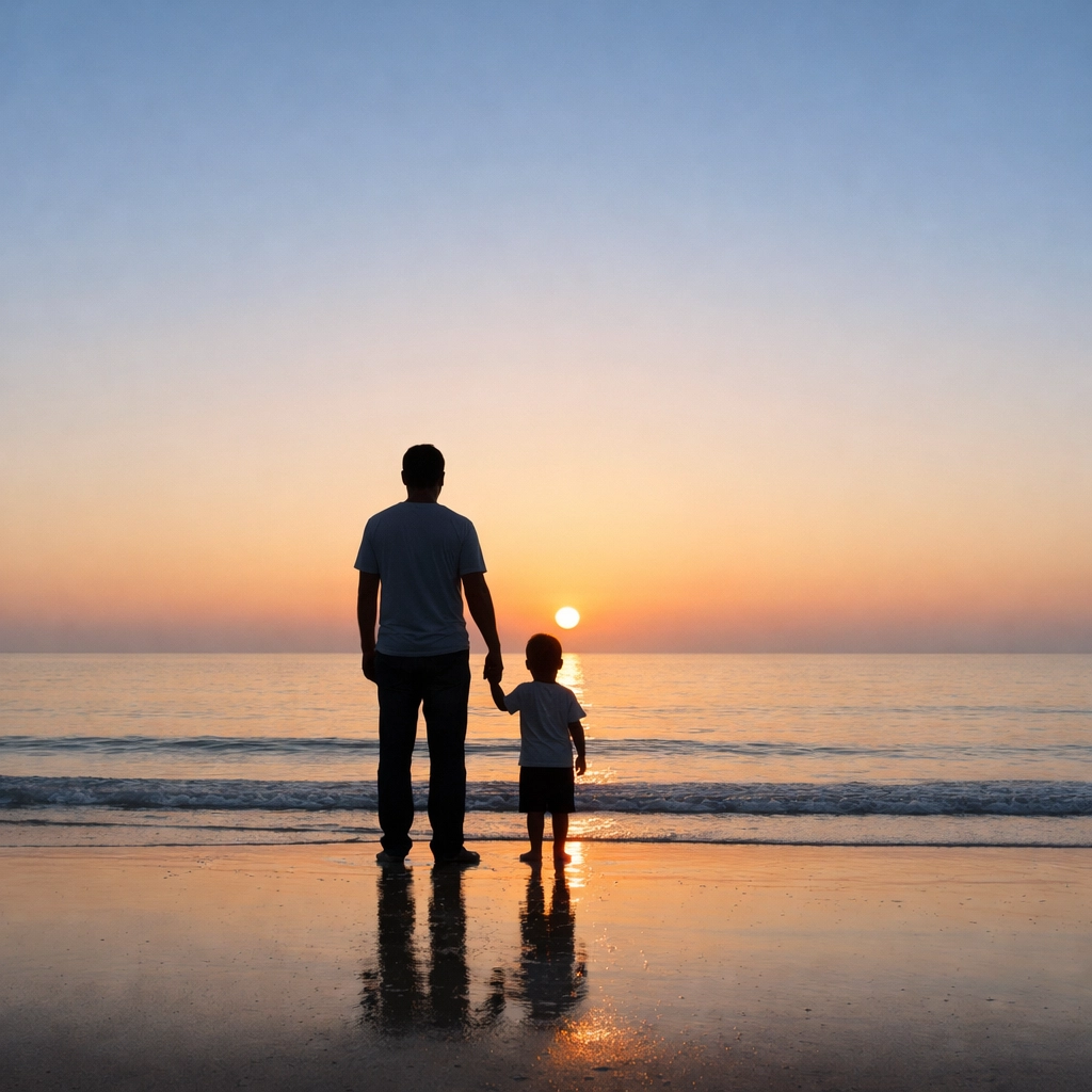 Father and child standing together at sunrise, representing the movement for family court transparency UK.
