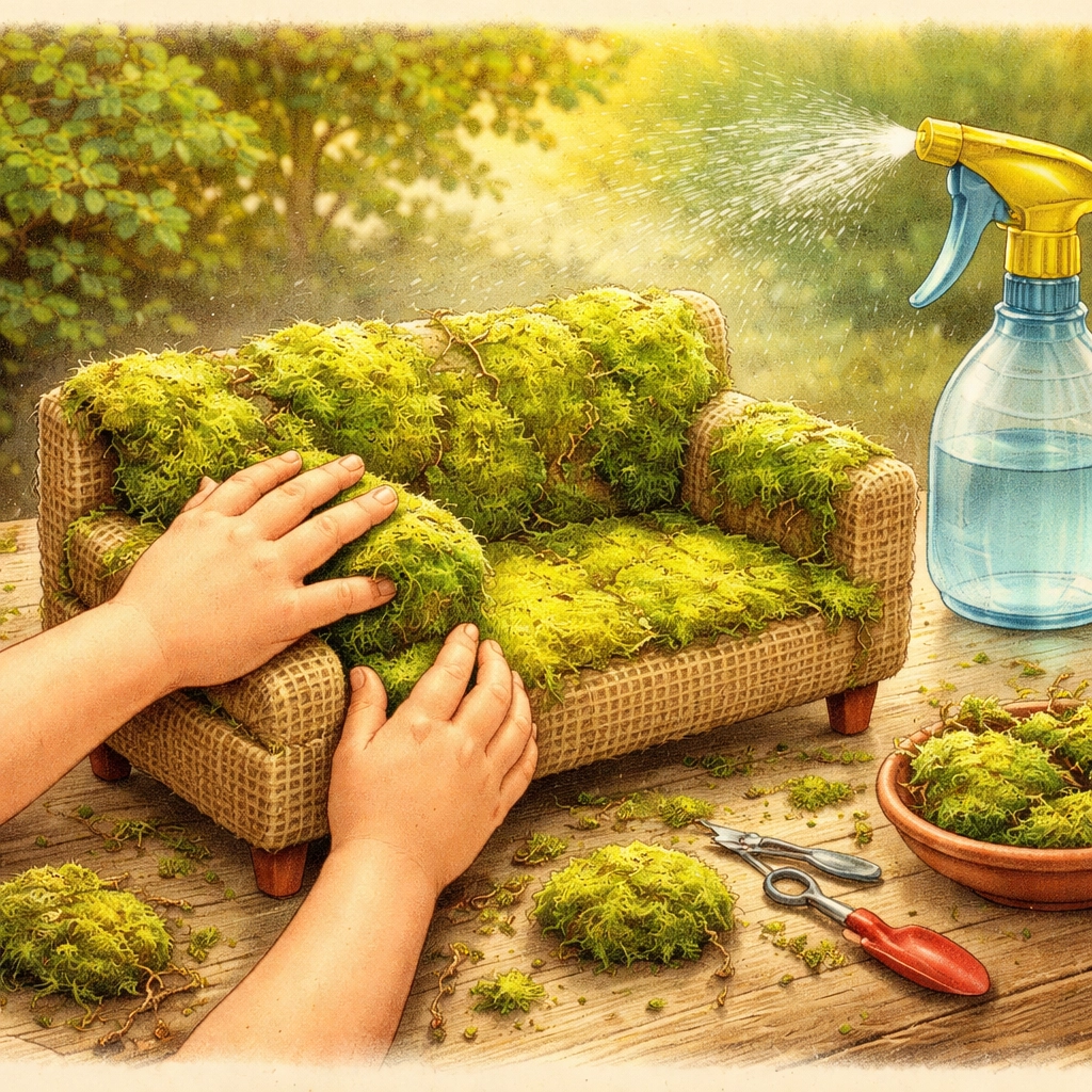 Child pressing live moss onto a tiny burlap-wrapped sofa with spray bottle for a toy moss furniture project