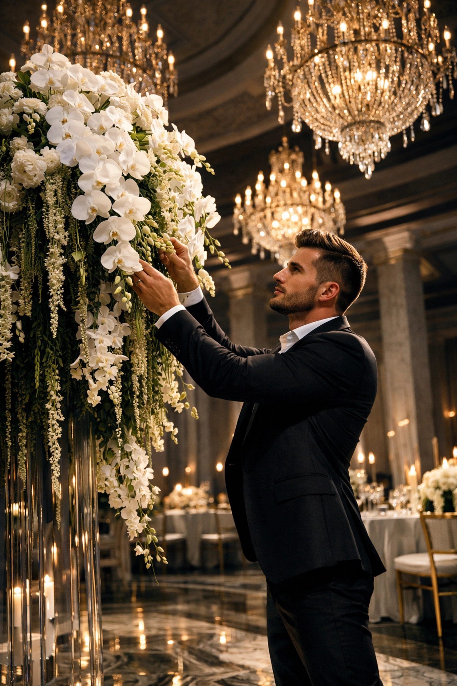 Gay florist in suit adjusting towering orchid installation in luxurious event space