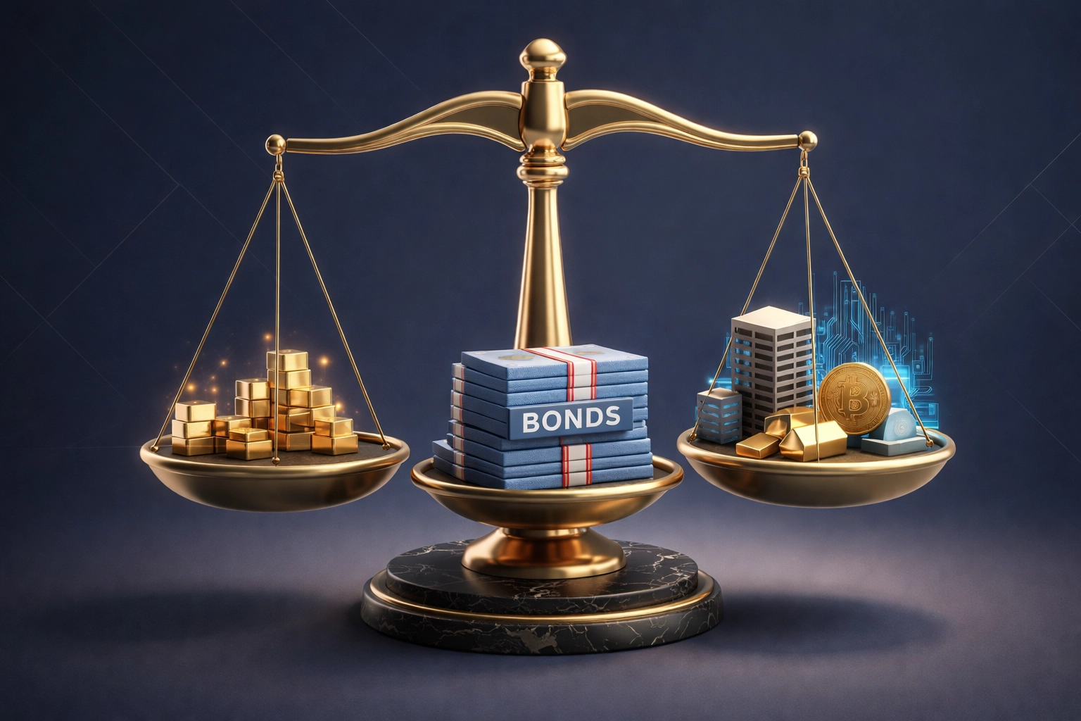 Balanced scale illustrating allocation of stocks, bonds, and alternative investments in a 40/30/30 portfolio strategy