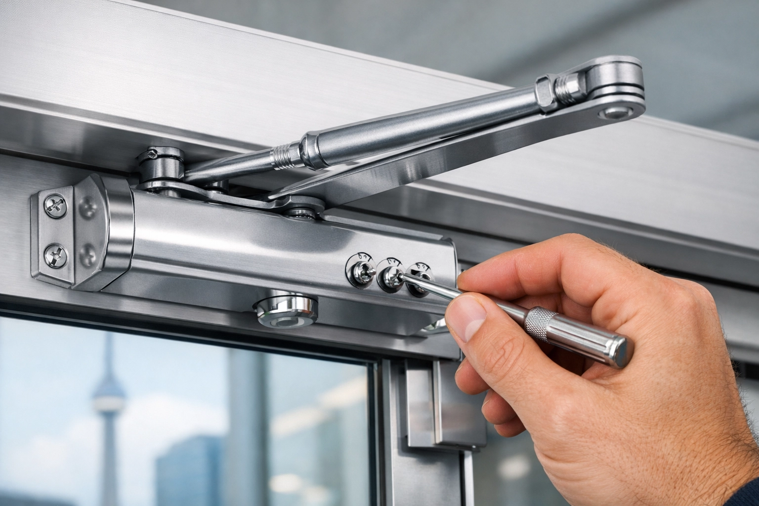 Technician adjusting the hydraulic door closer valves on a commercial glass door in Toronto.