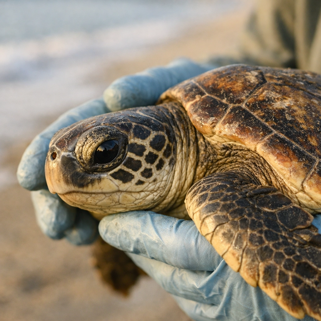 A conservationist holding a rescued sea turtle, demonstrating effective conservation storytelling for wildlife brands.