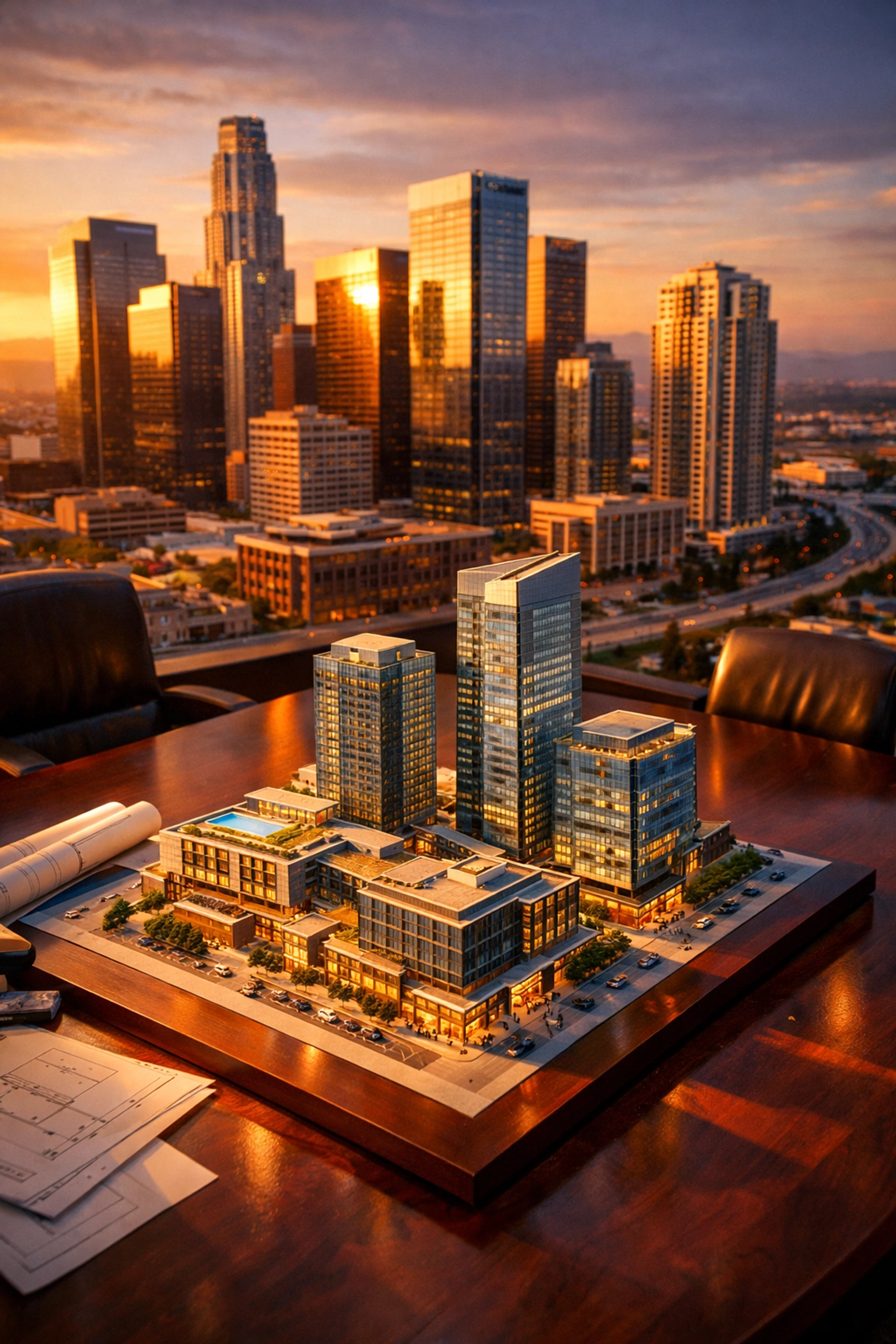 Commercial real estate portfolio featuring office towers and architectural models for institutional investors
