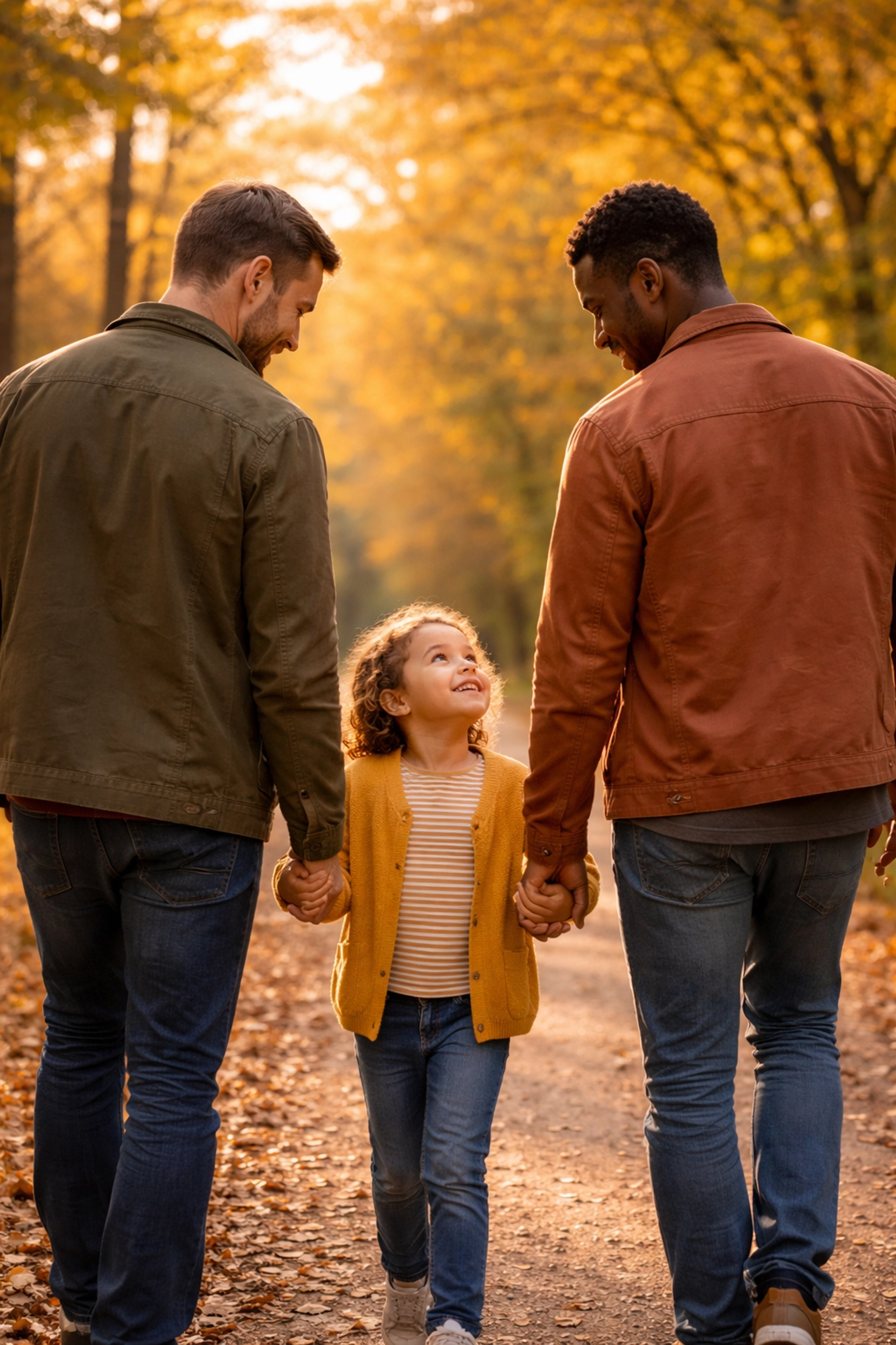 Two fathers walking with their child, symbolizing same-sex parental rights and family bonds in Fredericksburg Virginia