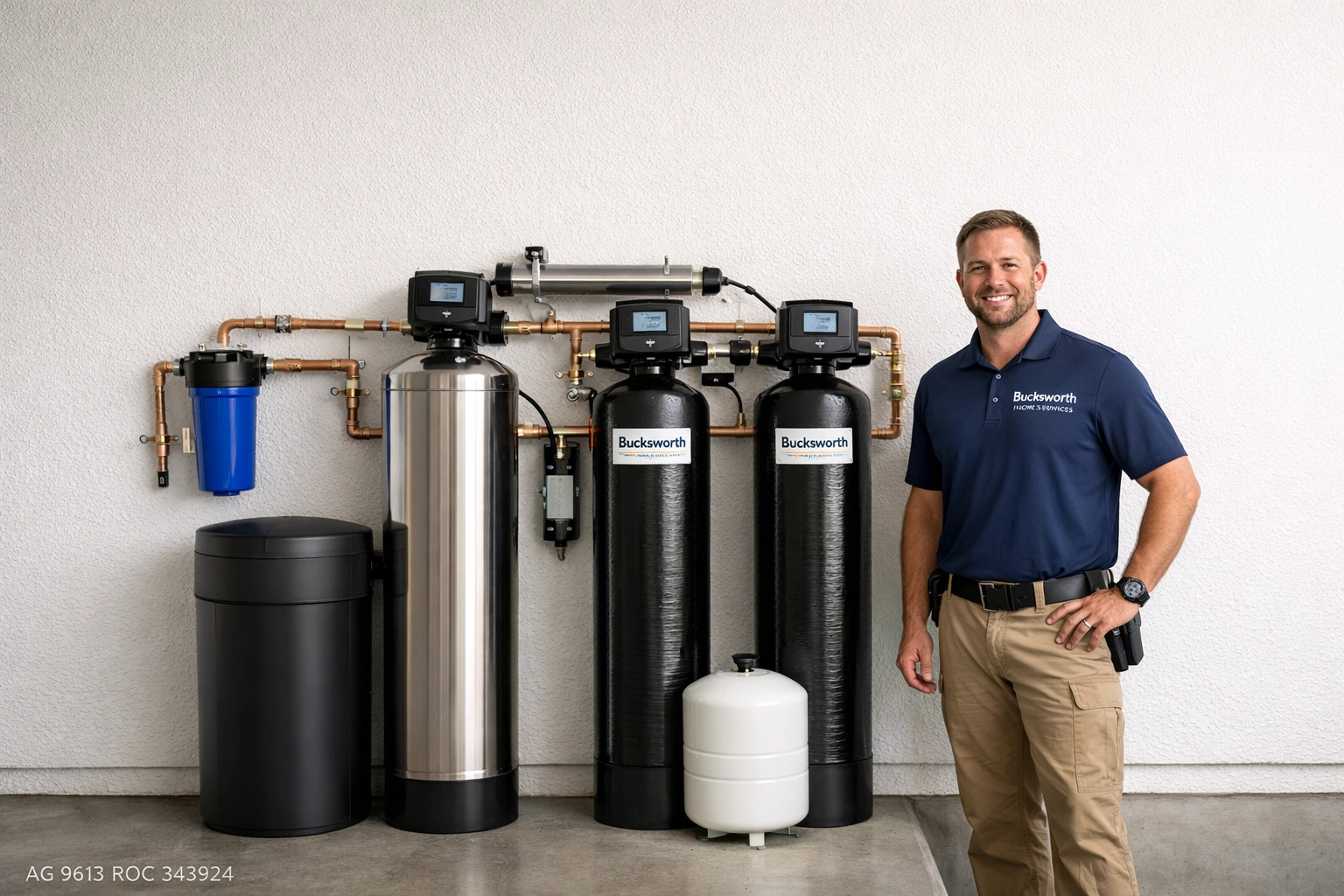 Professional water filtration system installation by a Bucksworth plumber in an Arcadia AZ home garage.
