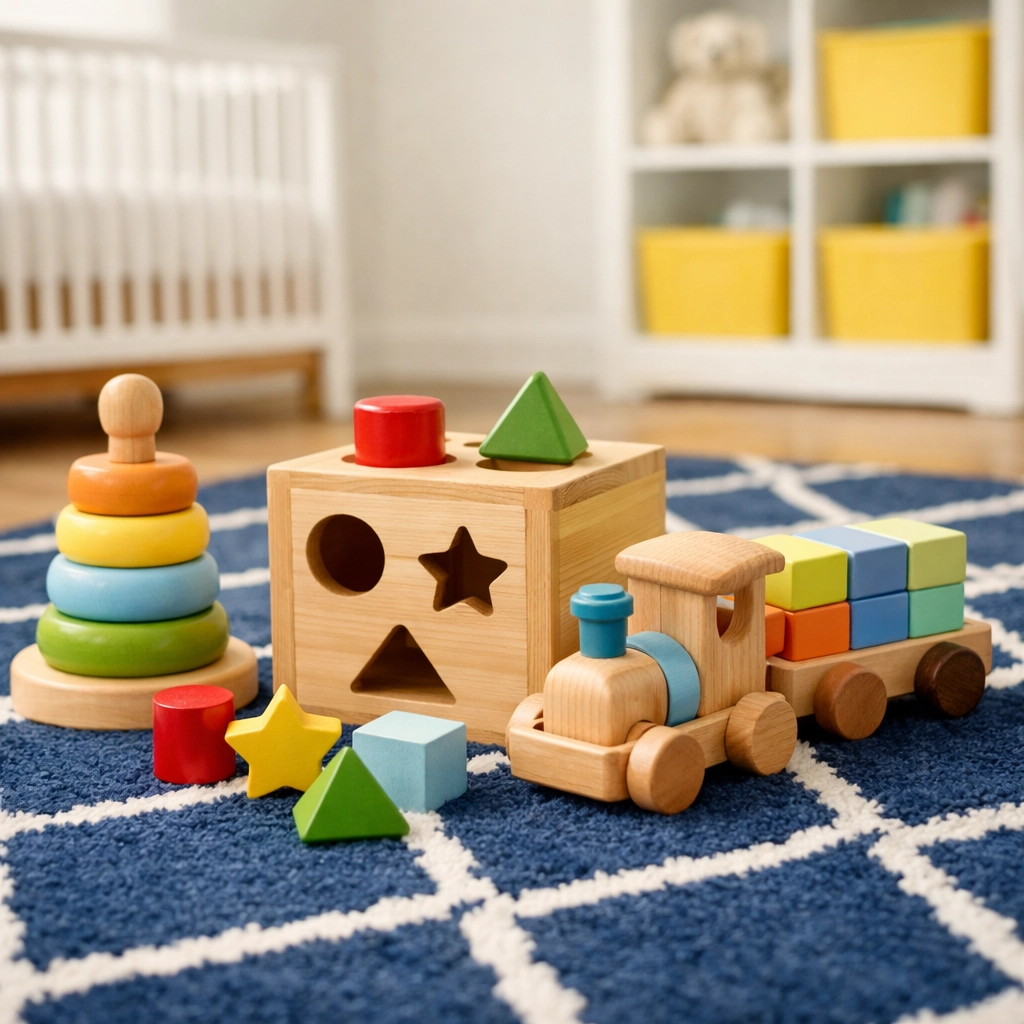 A sanitized navy blue rug in a bright nursery, providing a safe and healthy space for children in Fitchburg.
