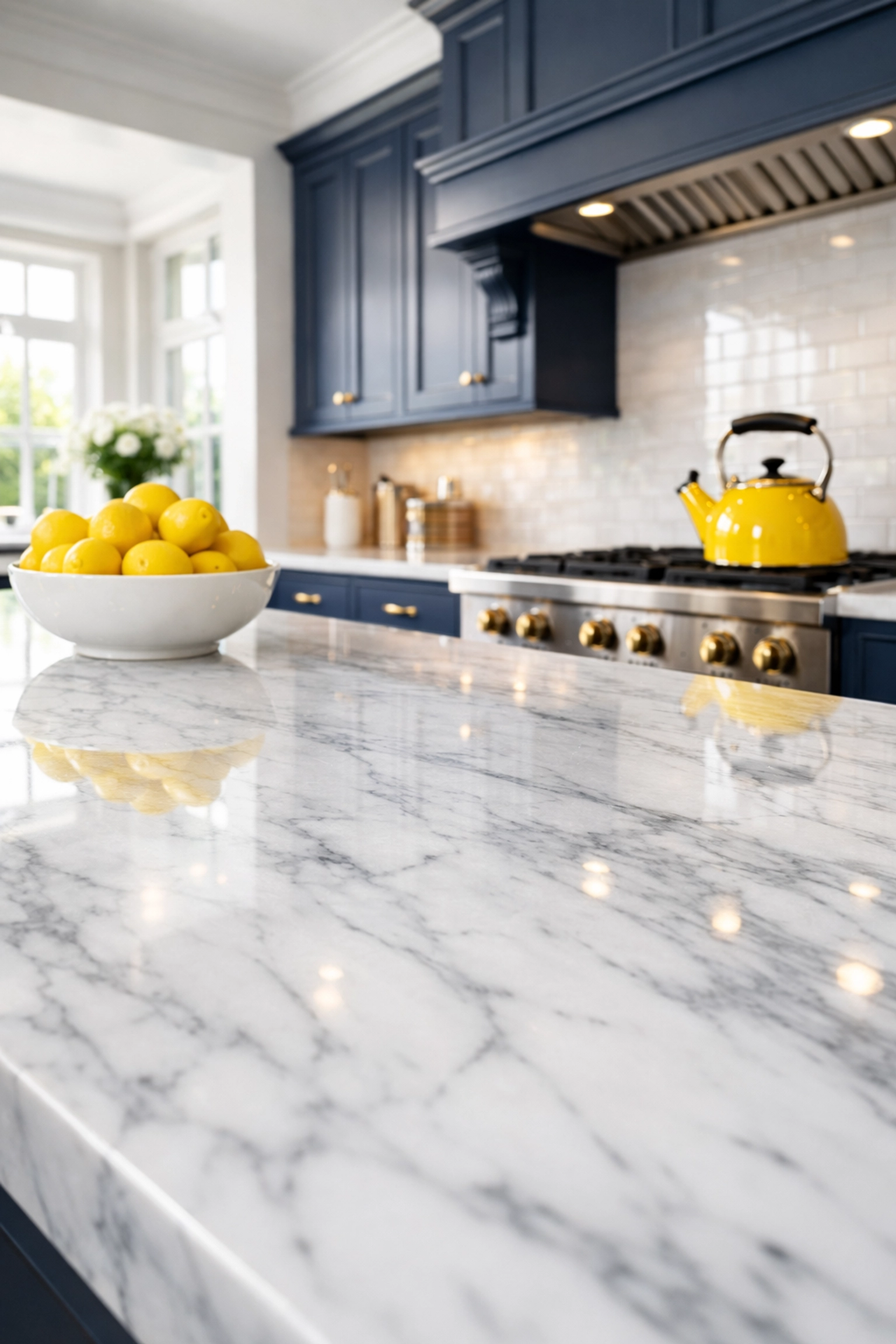 Spotless luxury kitchen in Winchester with polished marble and navy cabinets from professional cleaning.