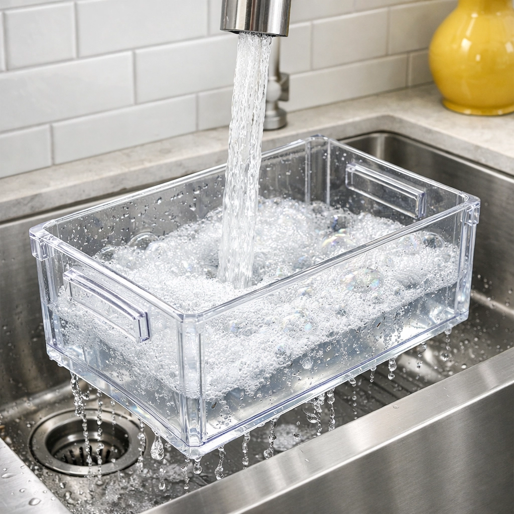 Deep cleaning a plastic refrigerator crisper drawer in a modern stainless steel sink.