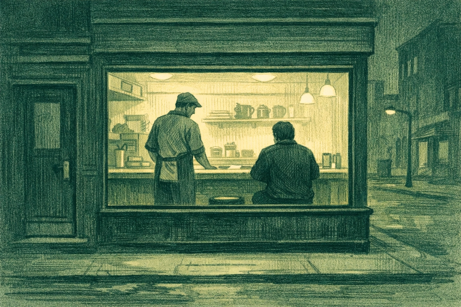 Nighttime urban diner sanctuary with gay couple inside, contemporary LGBTQ+ fiction