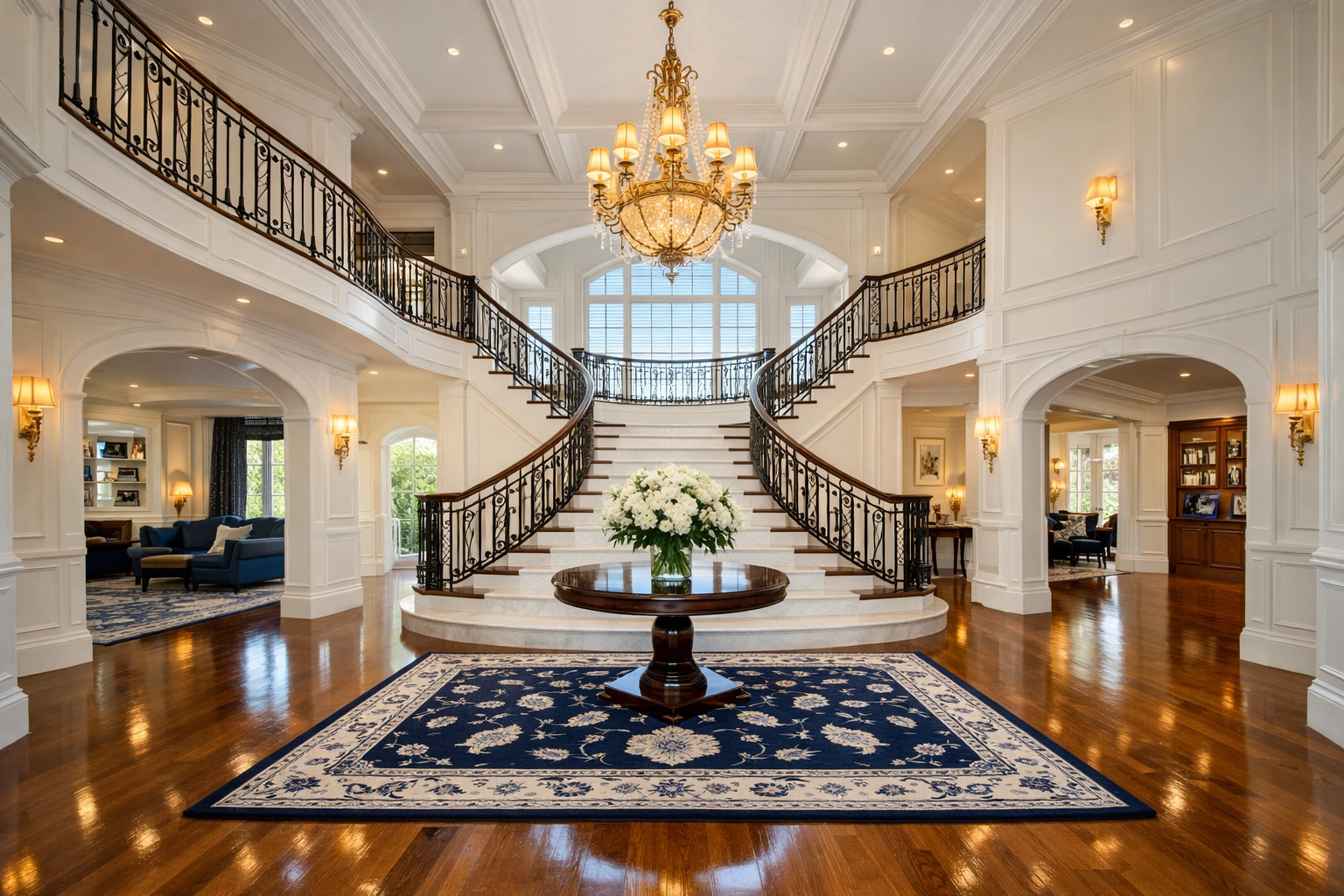 Grand foyer of a luxury North Shore home showing the results of professional Wenham estate upkeep.