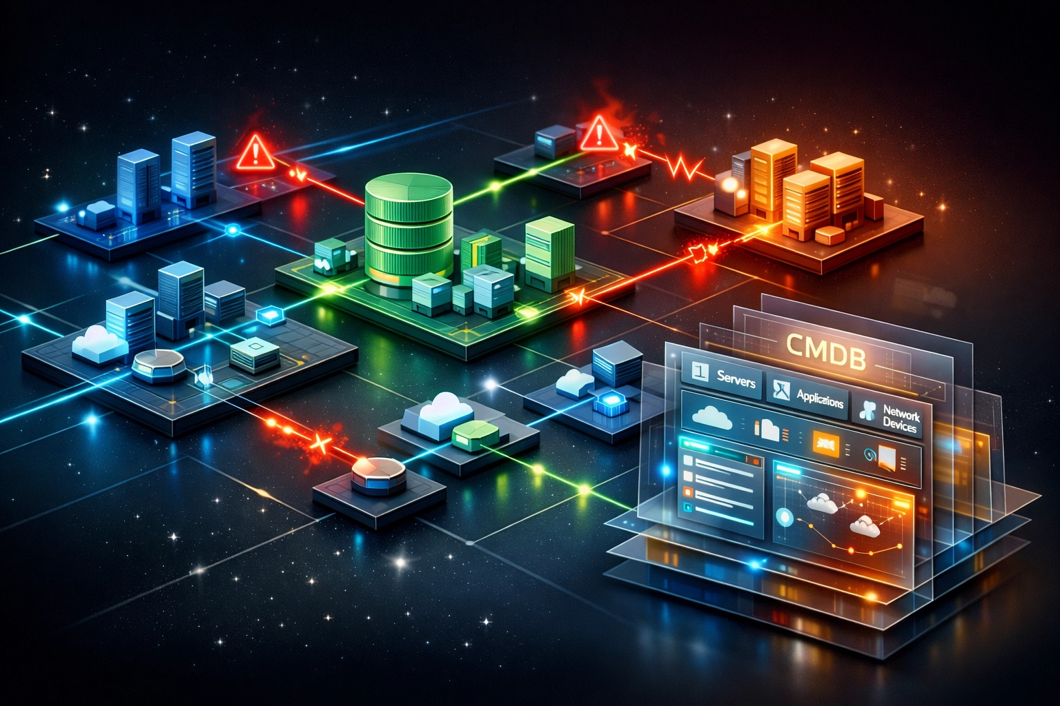 CMDB network topology showing ServiceNow configuration relationships and data flows