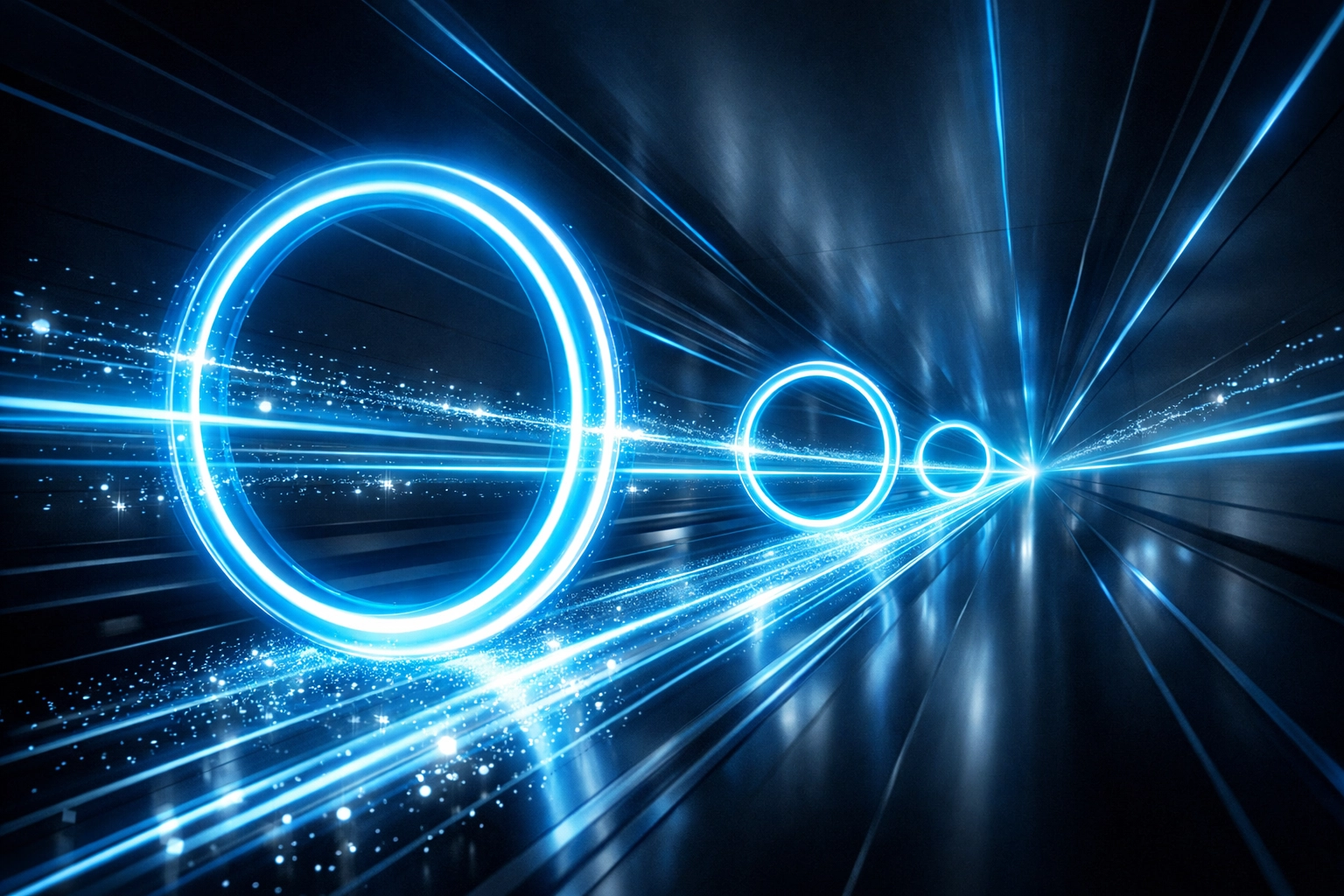 A futuristic digital corridor symbolizing frictionless payment processing and automated straight-through processing for banks.