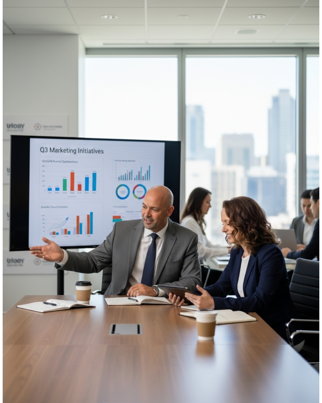 Two business professionals reviewing project growth charts and marketing initiatives