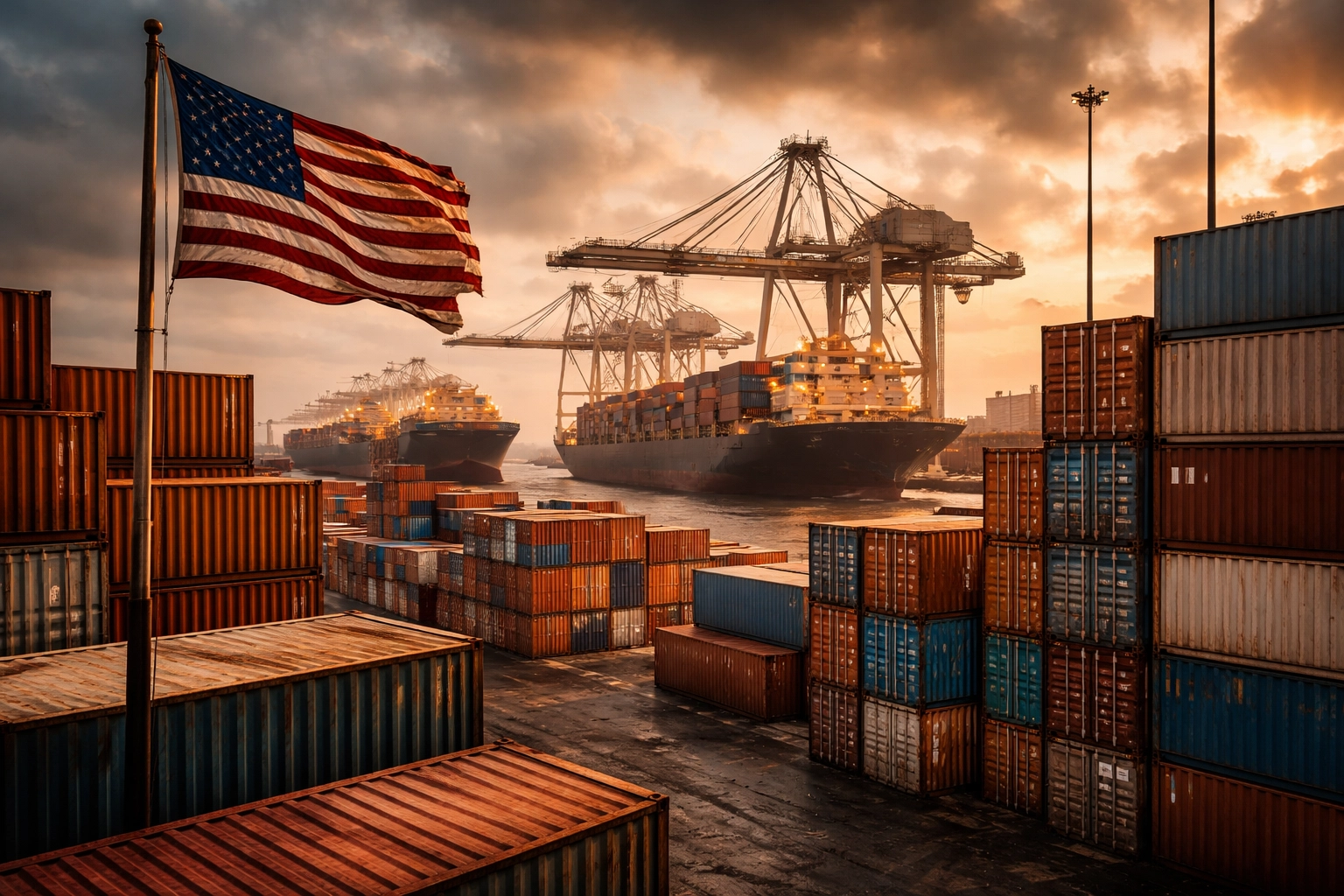 Shipping containers and American flag at a busy port symbolizing US manufacturing tariffs and trade uncertainty in 2025.