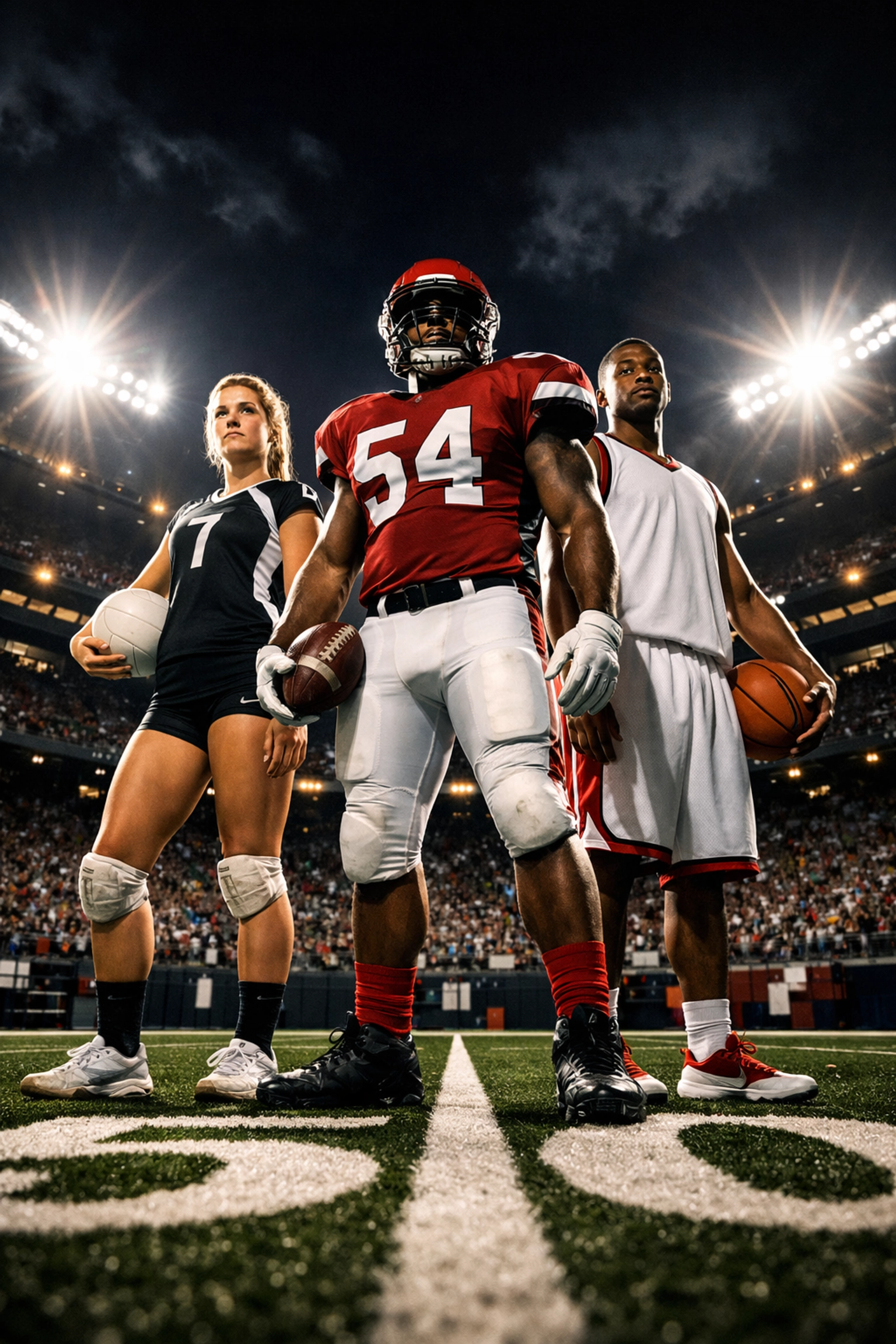 Diverse college athletes standing in a stadium symbolizing the power of NIL partnerships for Super Bowl marketing.
