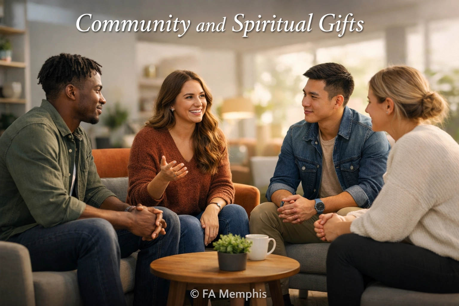 Diverse young adults sharing spiritual gifts and community at Boundless Online Church.