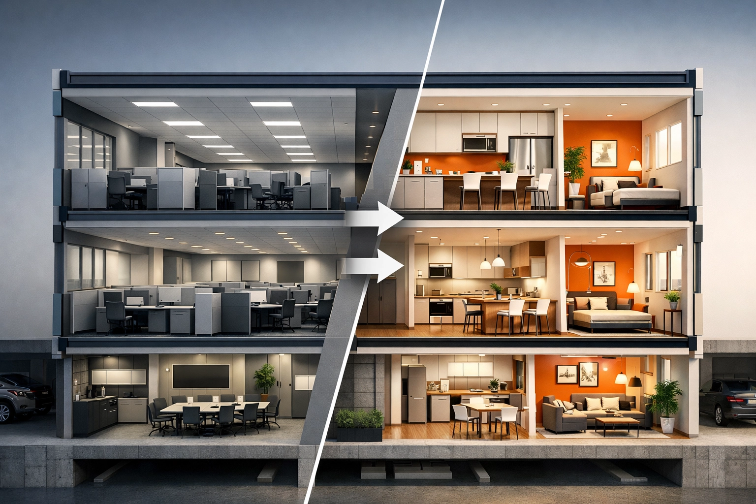 Office building conversion to residential apartments showing workspace transformation