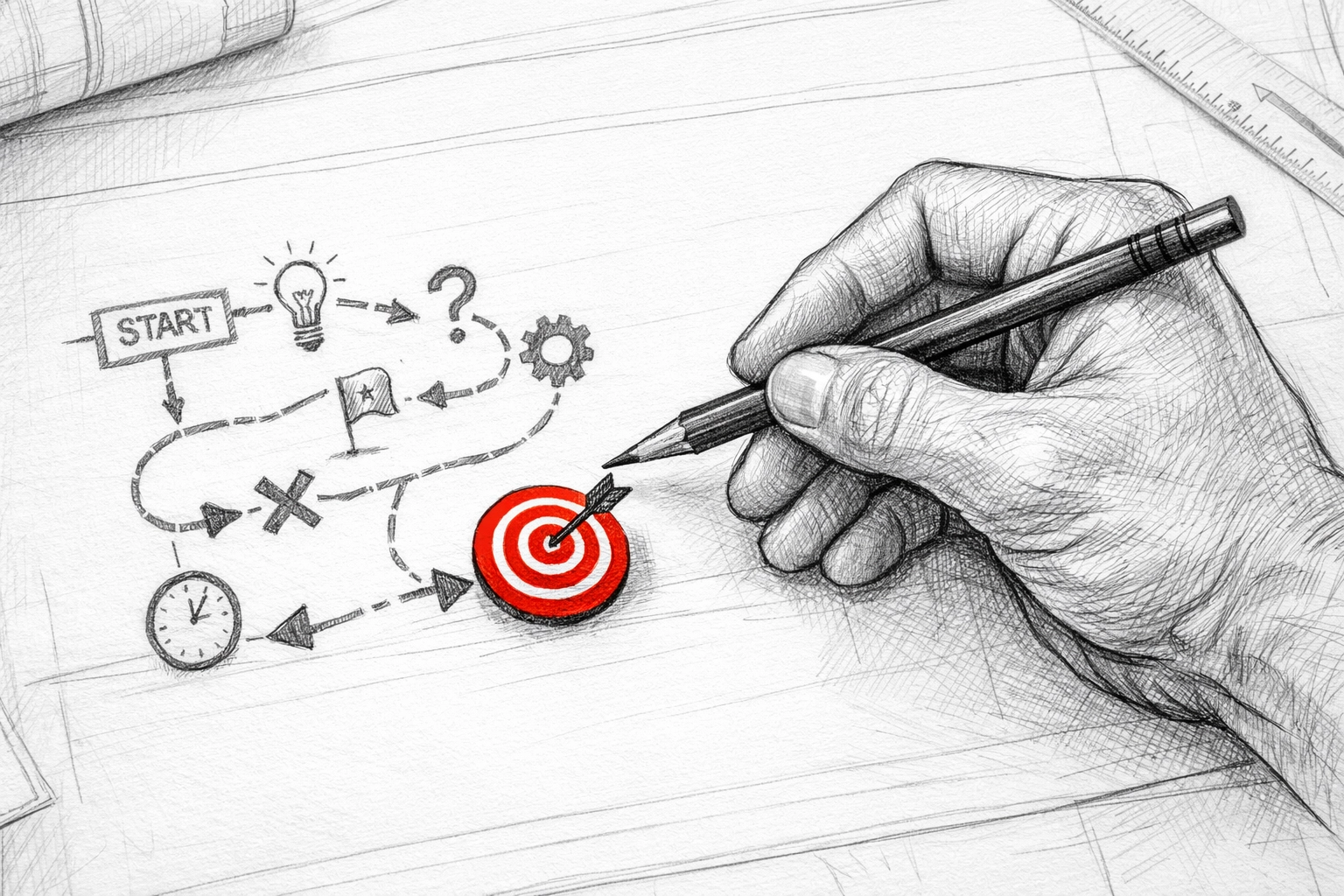 Hand drafting a roadmap from product knowledge to an architect meeting with red highlights.