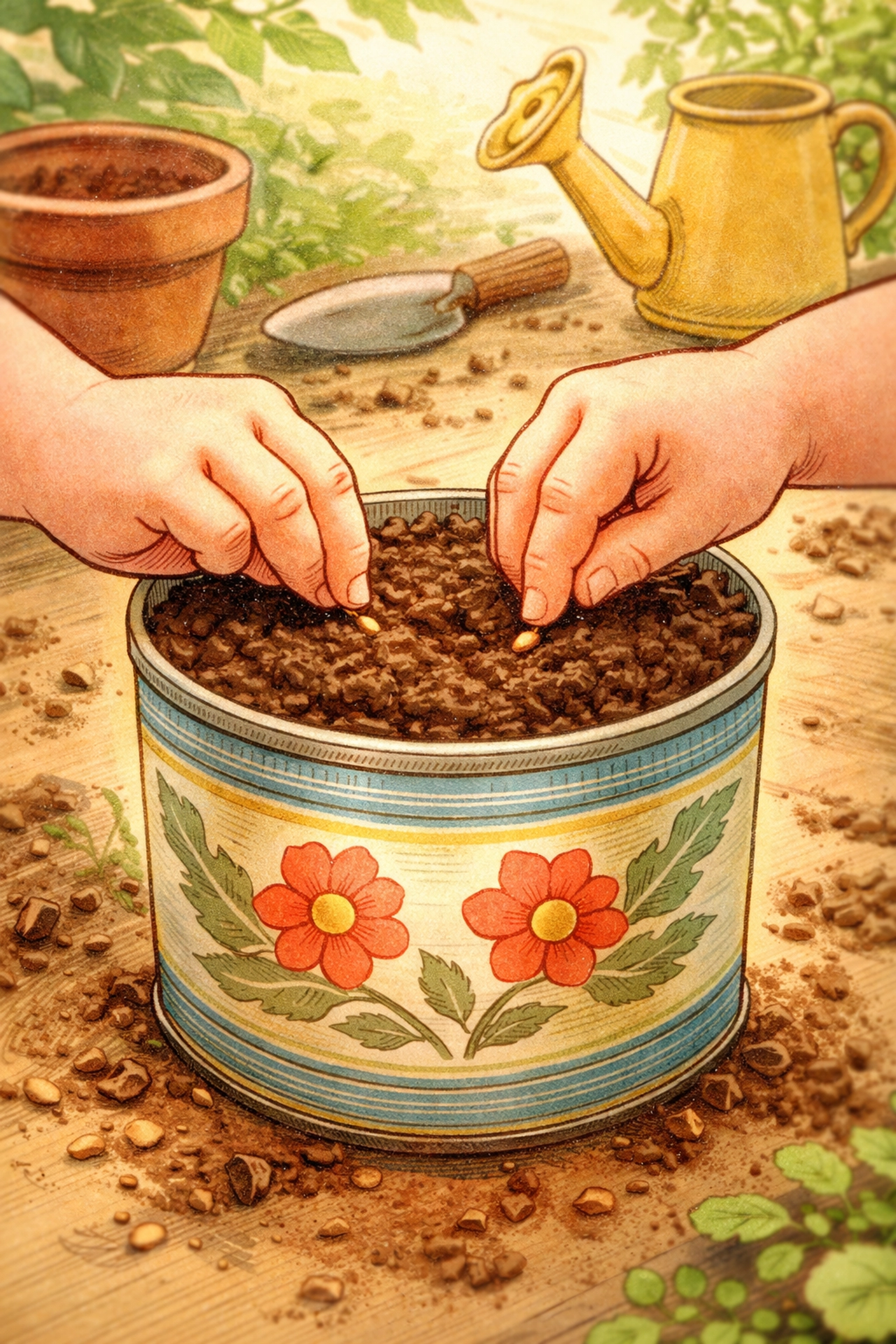 Children's hands planting seeds in tin can for a simple DIY herb garden project under $10