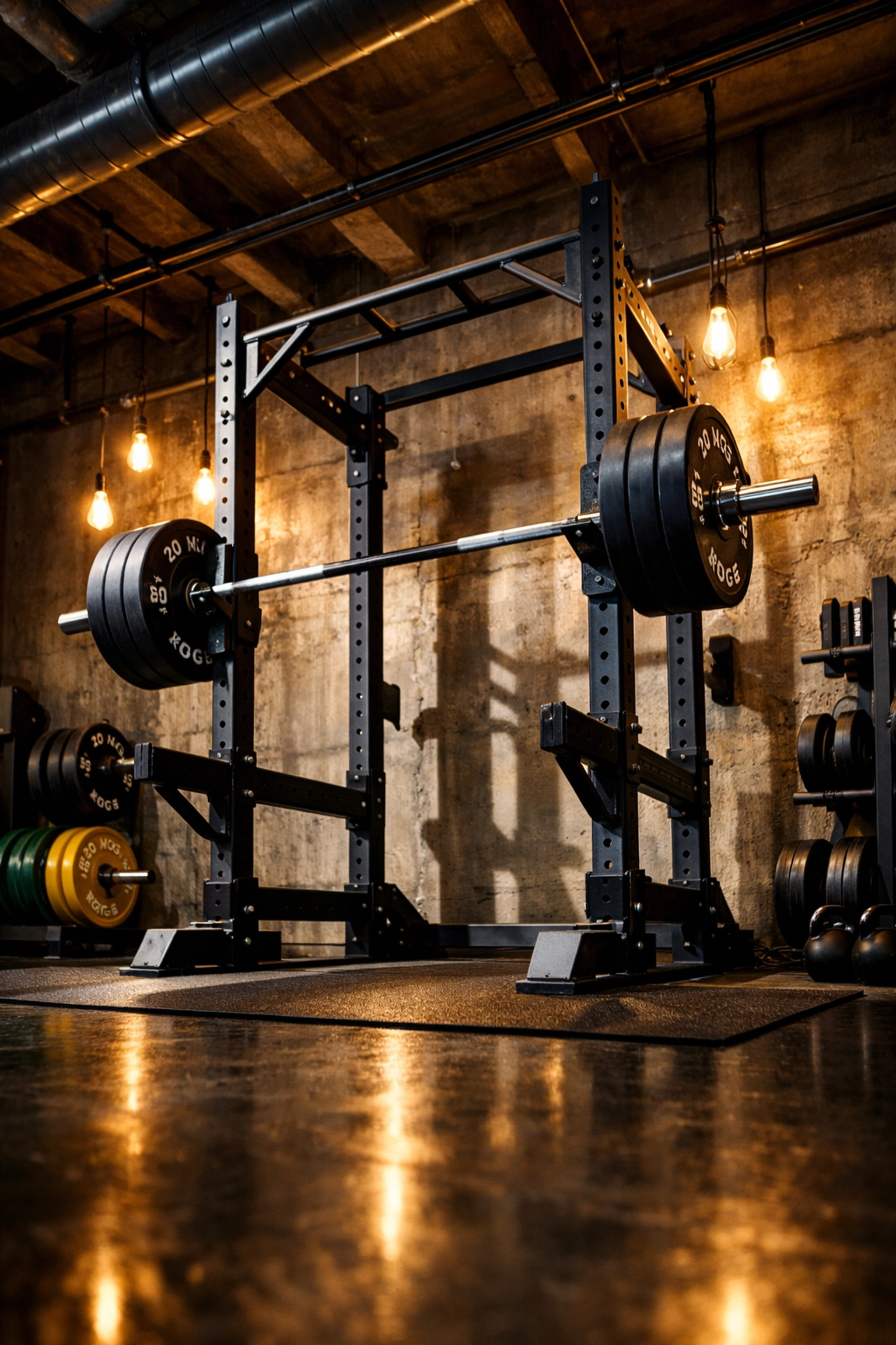Heavy-duty power rack and barbell setup for a professional full body workout at home.