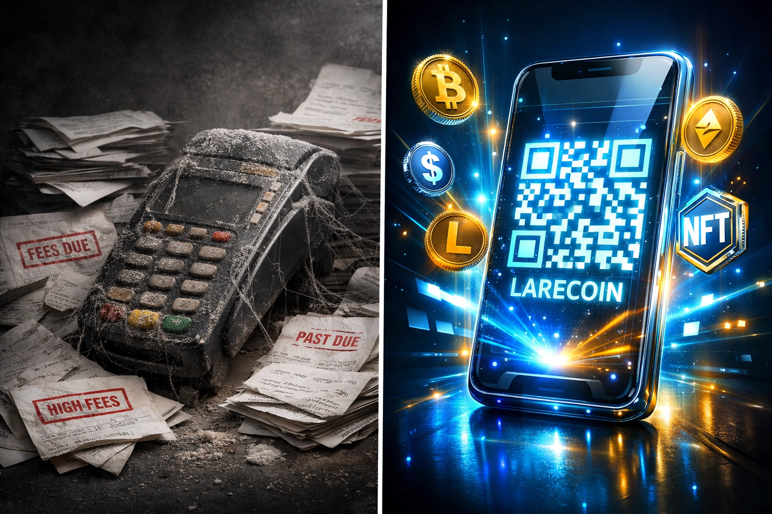 Traditional credit card terminal vs modern crypto payment QR code showing payment processor evolution