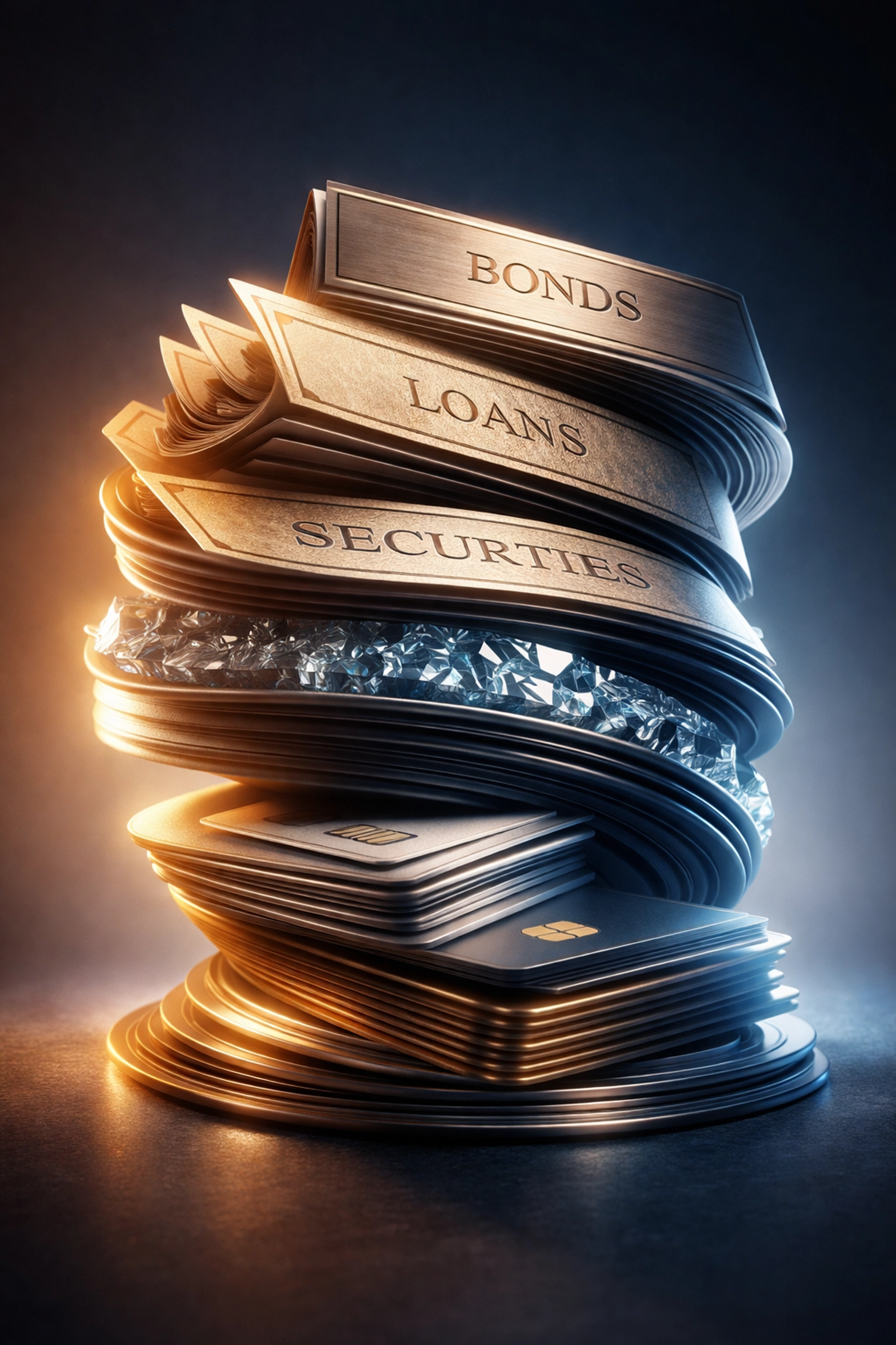 Spiral arrangement of financial instruments symbolizing diversified private credit and asset allocation strategies.