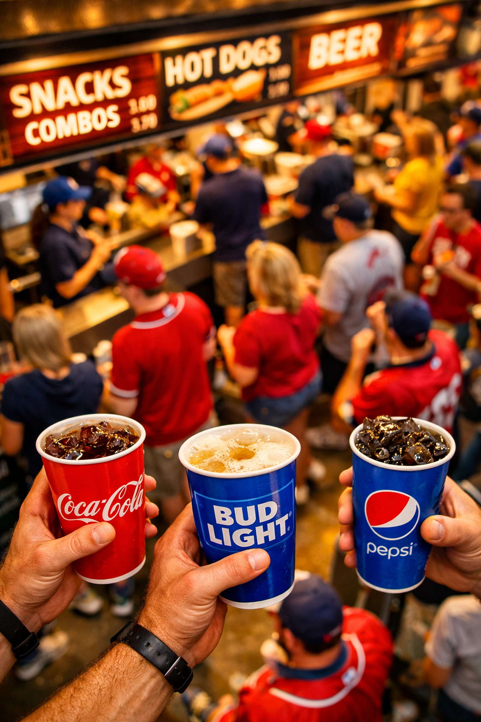 Super Bowl fans holding branded cups at stadium concession stand during game day brand activation