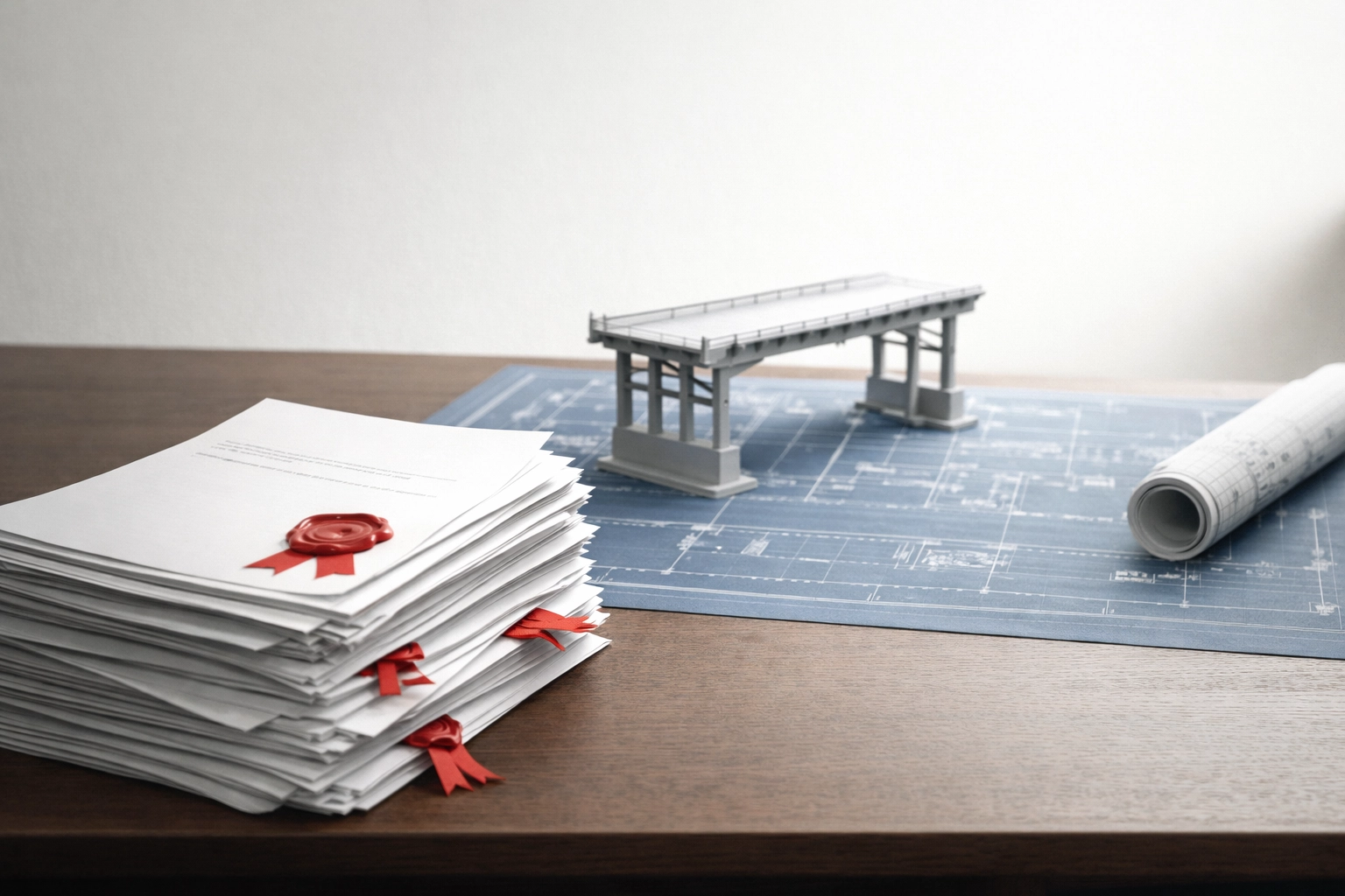 Legislative documents and an unfinished bridge illustrating the gap between law and action in Canada’s justice system.