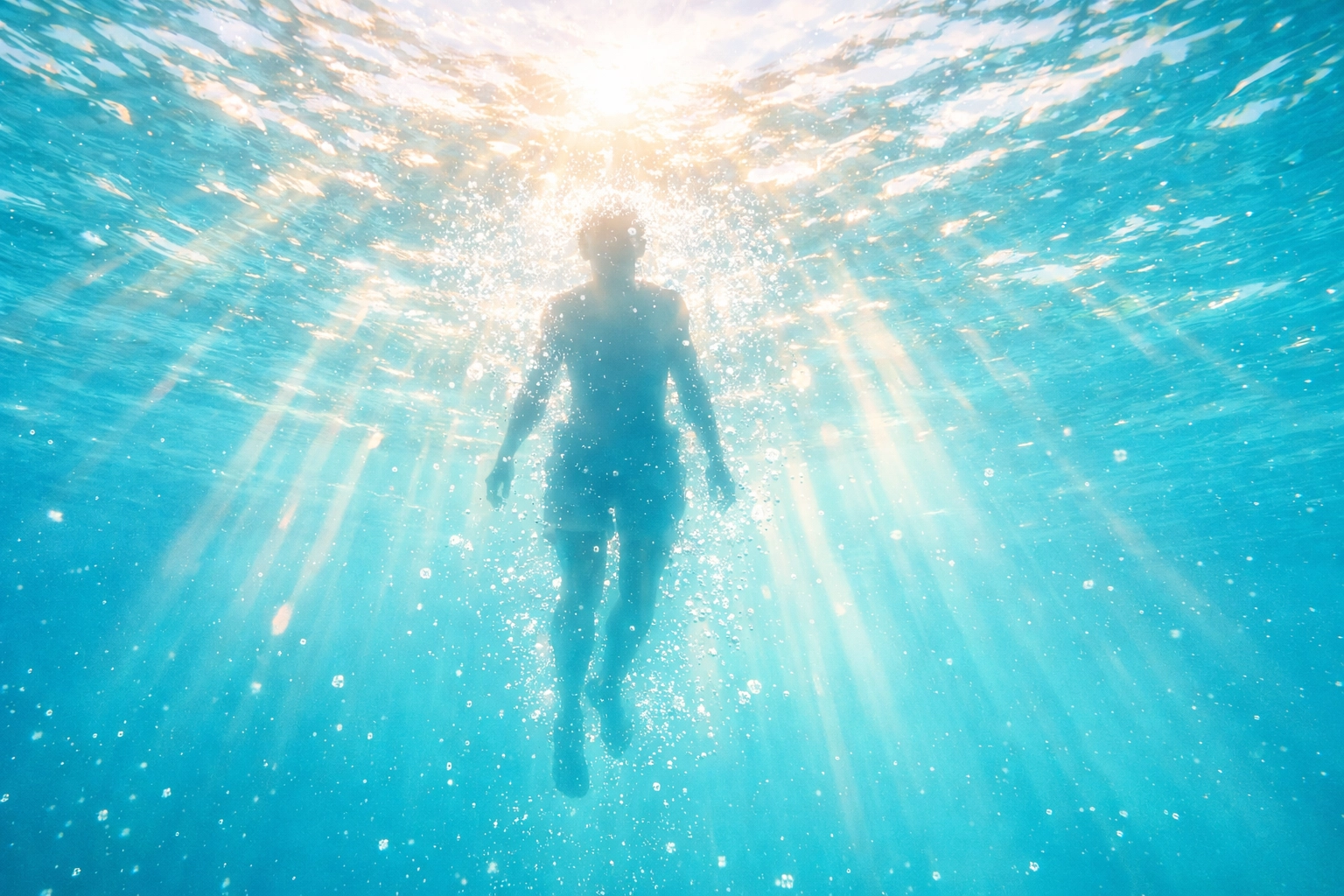 Silhouette of a person rising from bright water into sunlight, symbolizing rebirth through water baptism.