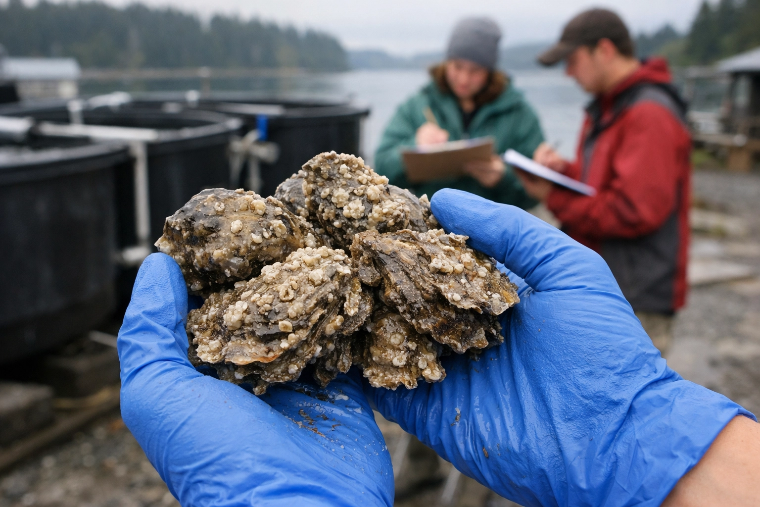 Students examining Olympia oyster spat on recycled shells at a Pacific Northwest restoration site.