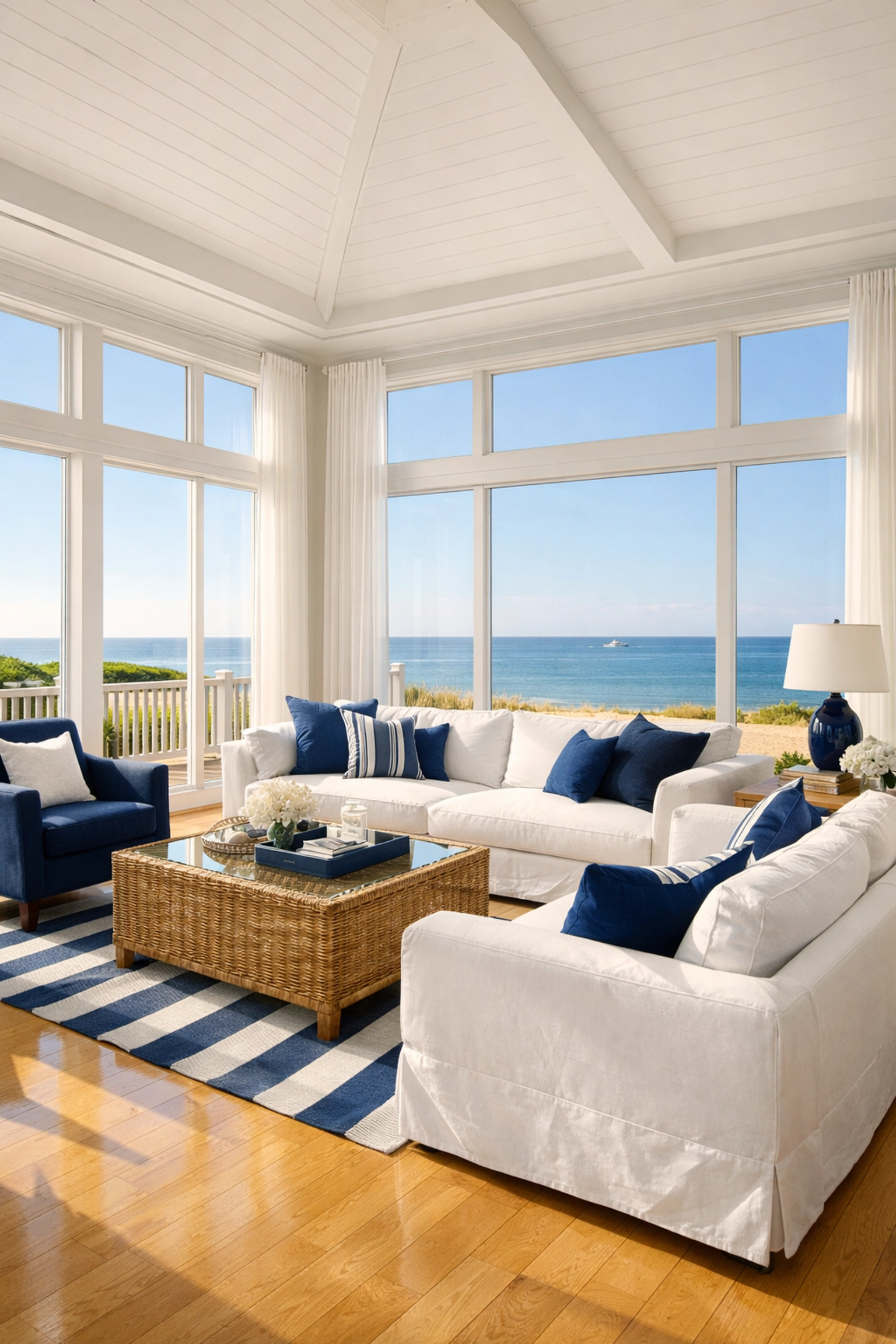 Clean Chatham living room with ocean views and polished floors from bi-weekly house cleaning ser.