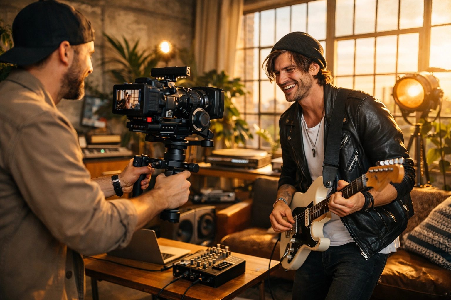 Music artist and creative professional collaborating on a cinematic video shoot in a modern loft studio.
