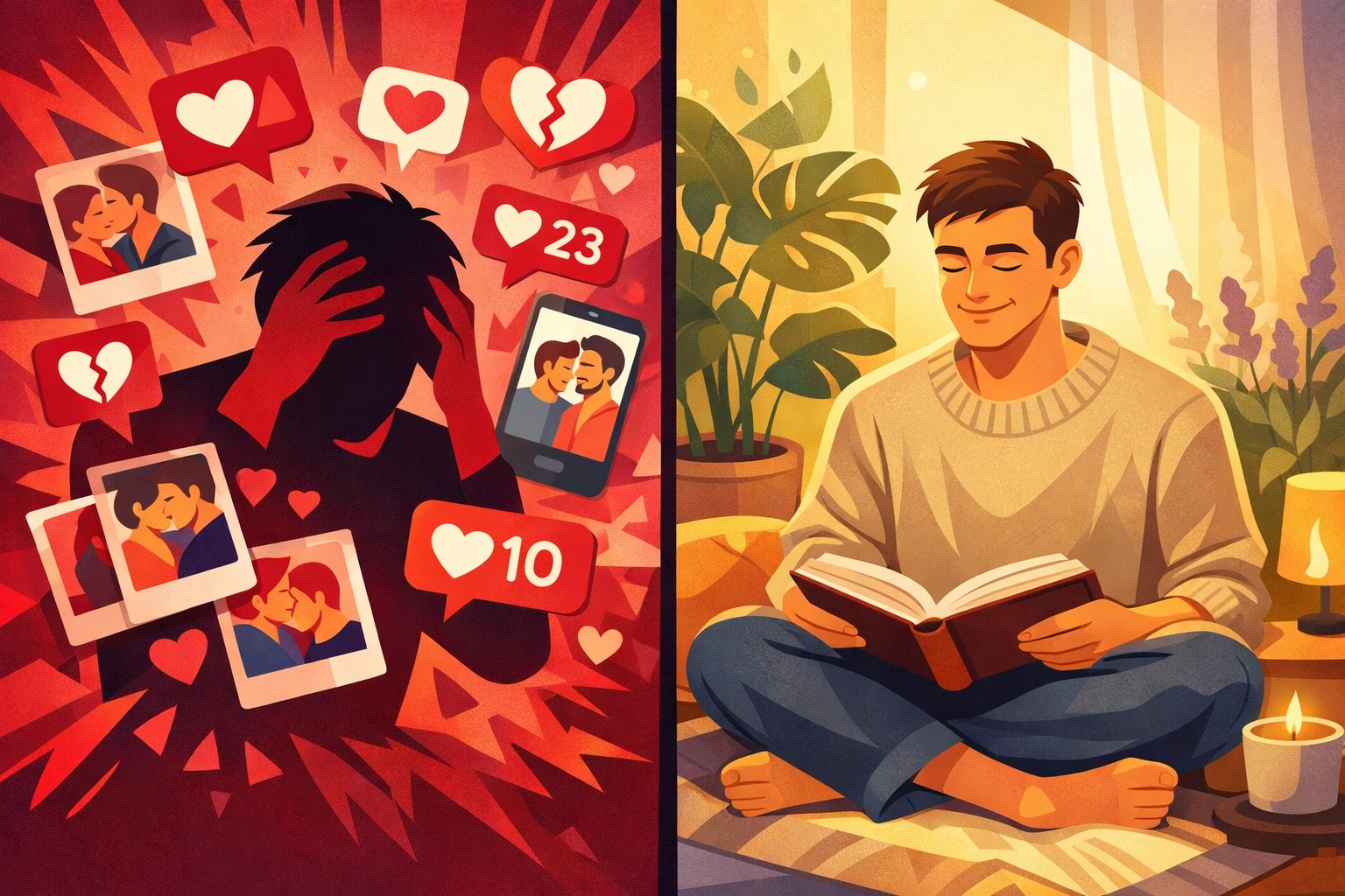 Gay man finding peace through digital detox and reading instead of social media on Valentine's Day