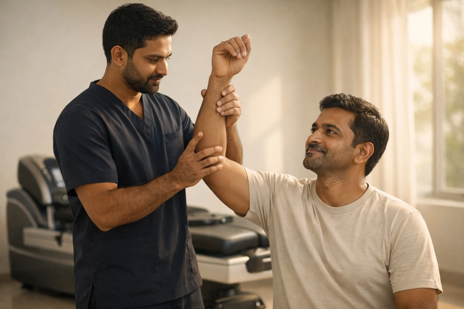 Physiotherapist guiding a patient through non-surgical spine treatment assessment in a modern Perinthalmanna clinic.