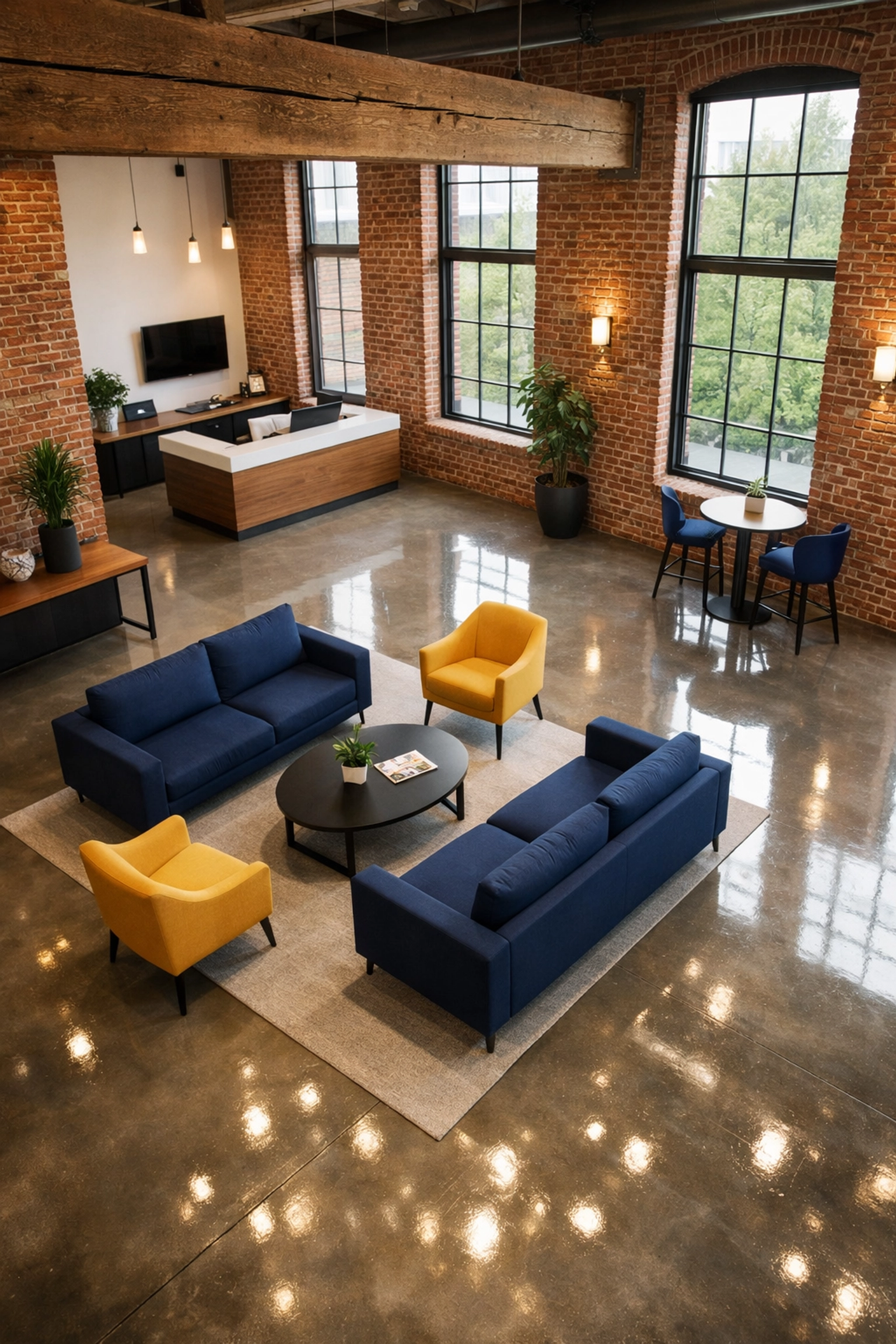 Clean office lobby in a Maynard mill showing professional commercial cleaning services in Maynard, MA.