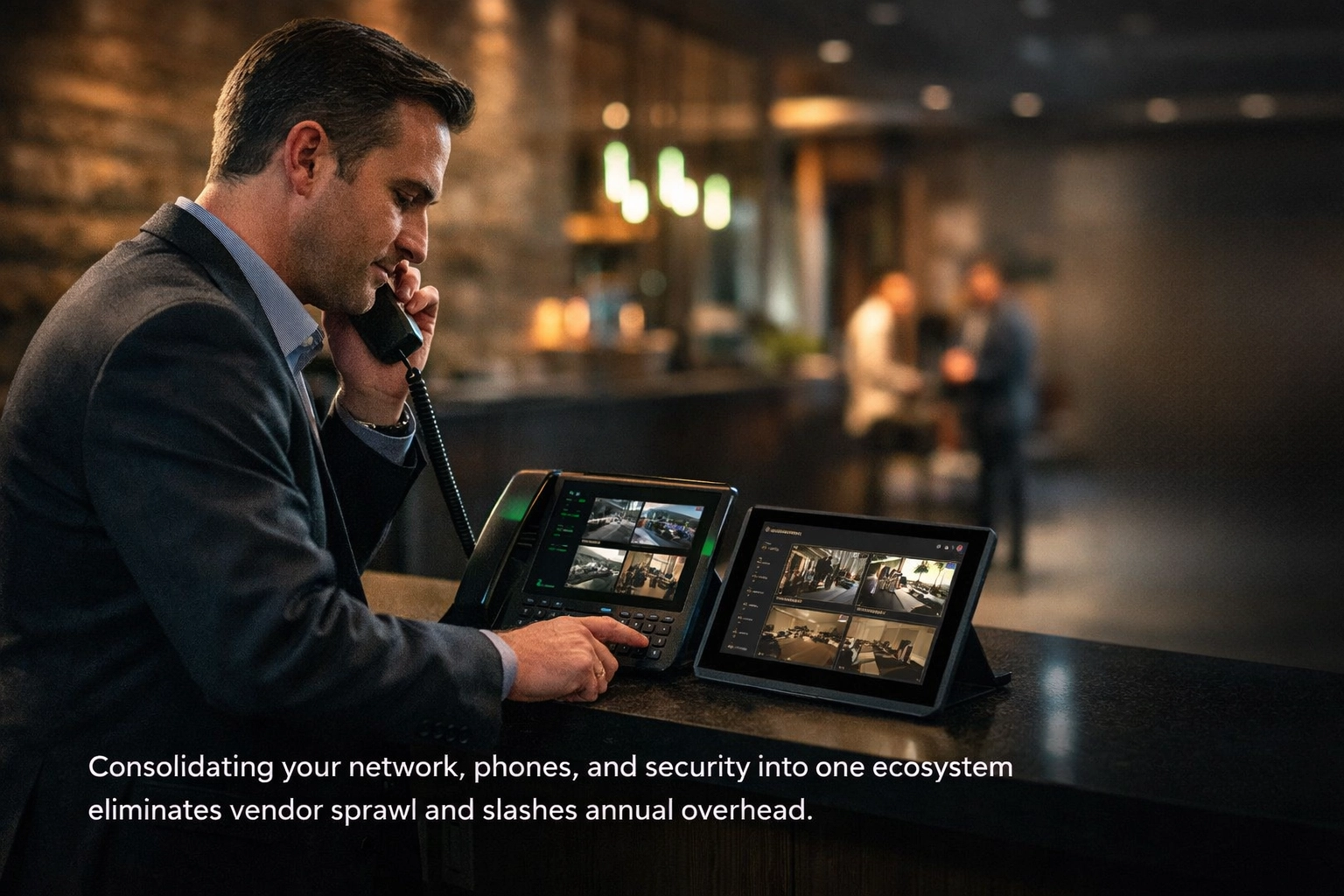 Business manager in Lincoln, Nebraska, using unified VoIP and security systems to streamline operations.