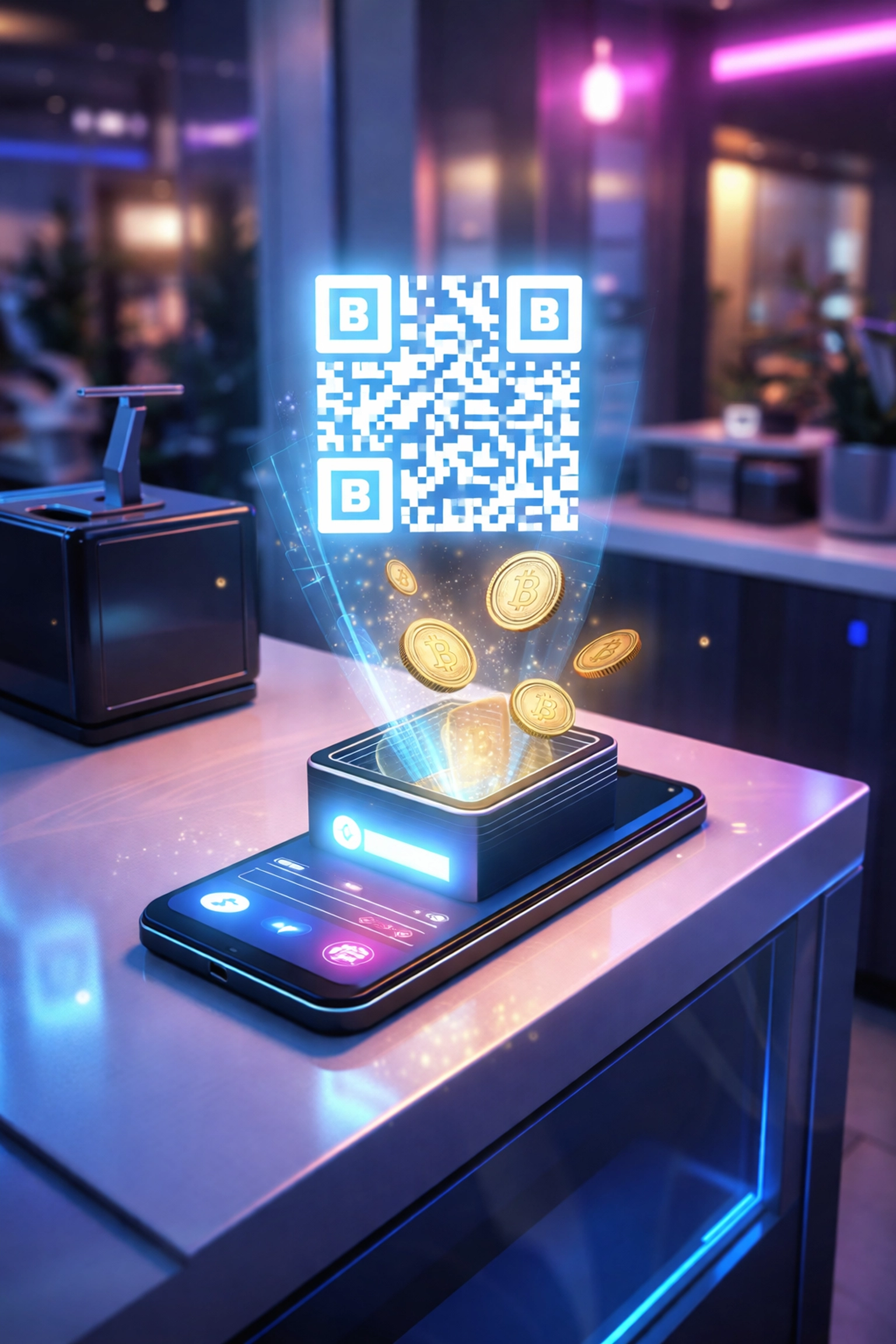 Modern retail counter highlighting a crypto POS system with QR code and digital wallet for small business payments