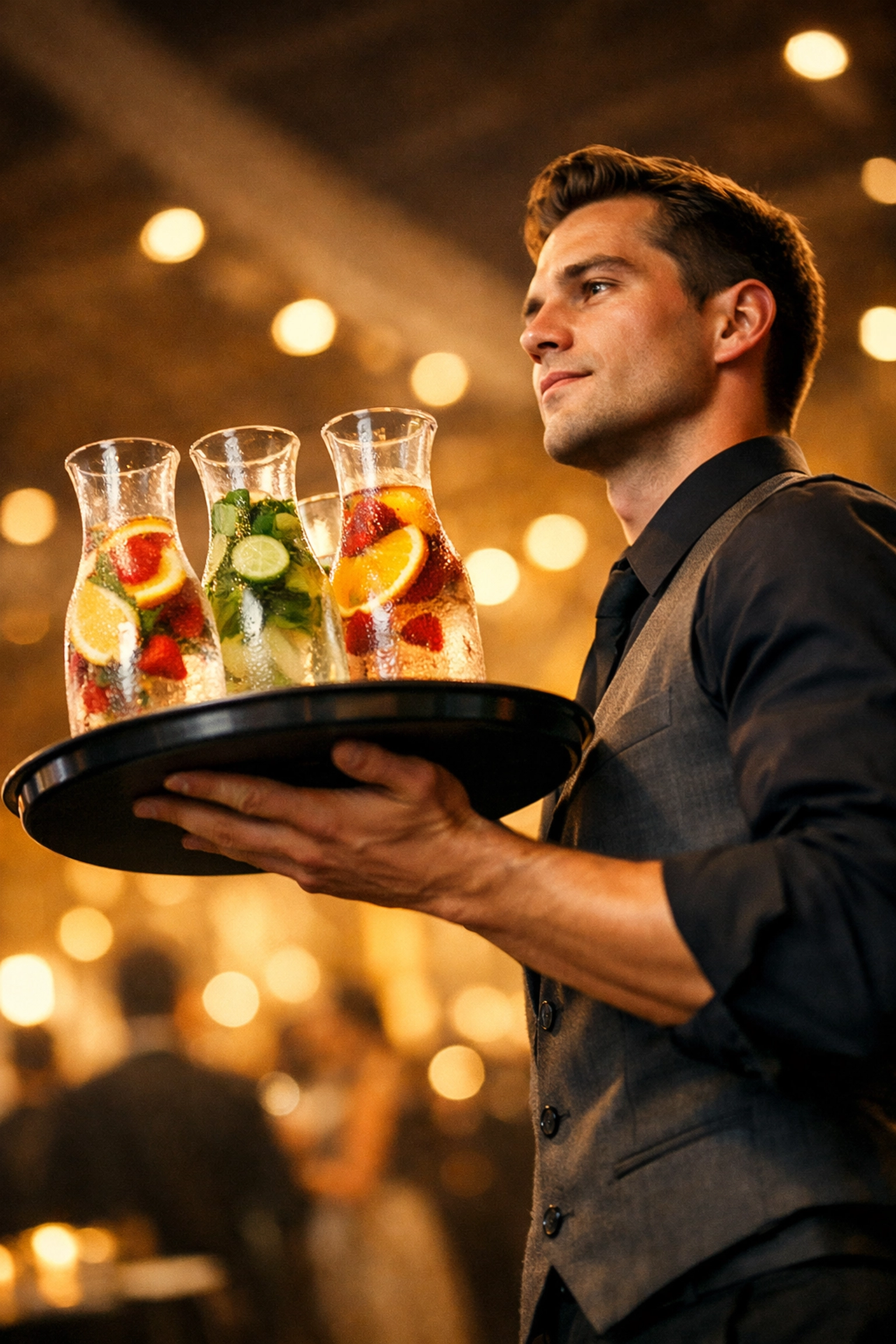 Professional catering server carrying a tray of drinks at an event to illustrate labor and service costs.
