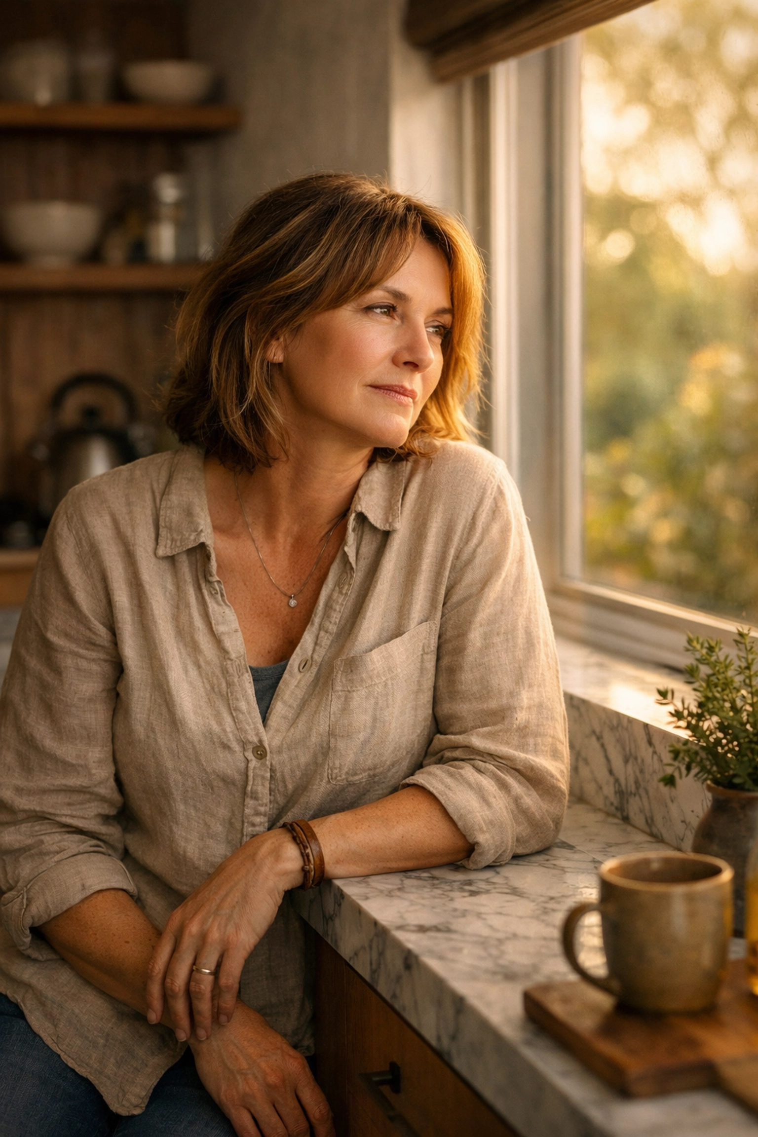 A middle-aged woman reflecting in a kitchen, illustrating the emotional eating weight loss connection.