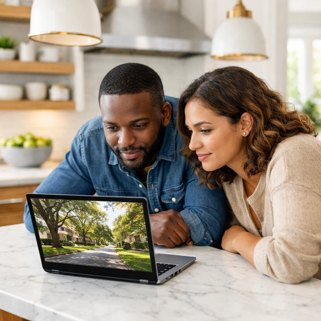 Couple researching homes for sale in the NC Triangle on a laptop in a modern kitchen.
