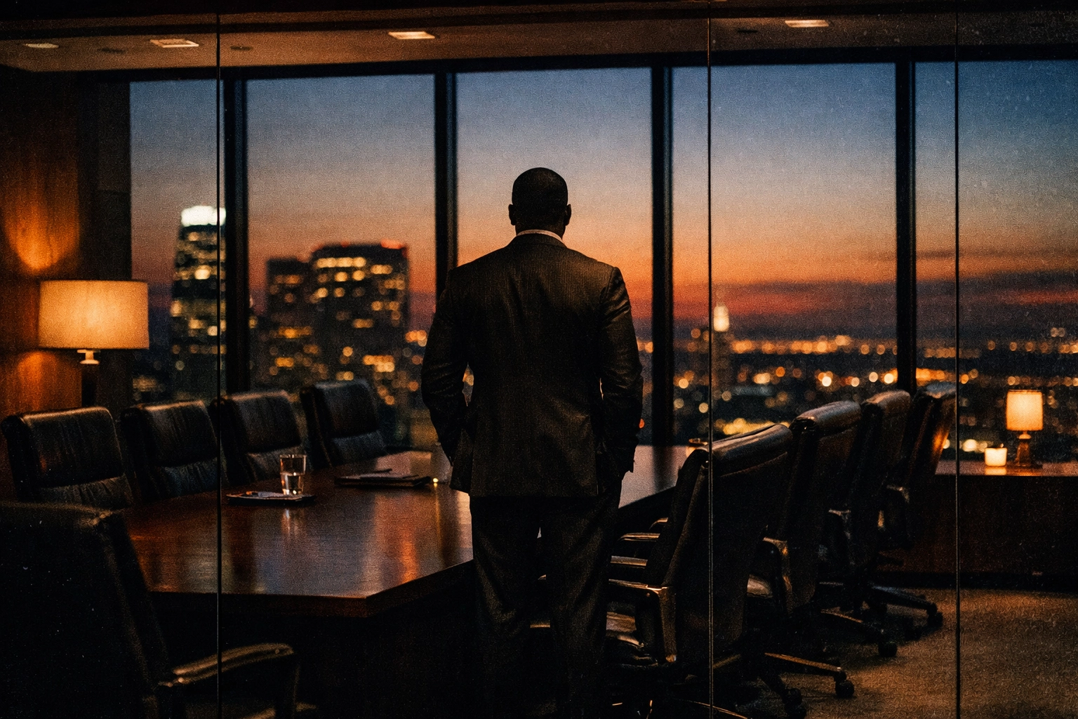 CEO in empty boardroom illustrating leadership bottleneck and reactive decision-making burden CEO in empty boardroom illustrating leadership bottleneck and reactive decision-making burden